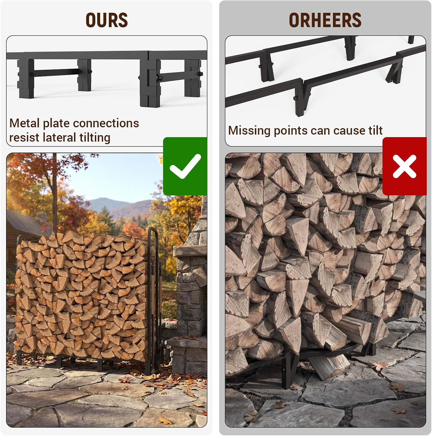 Firewood Rack, 4Ft Fireplace Log Holder, Heavy Duty Firewood Stacker Stand With Metal Hooks & Bungee Cords, Adjustable Indoor/Outdoor Fireplace Wood Storage Organizer for Patio, Deck & Garage