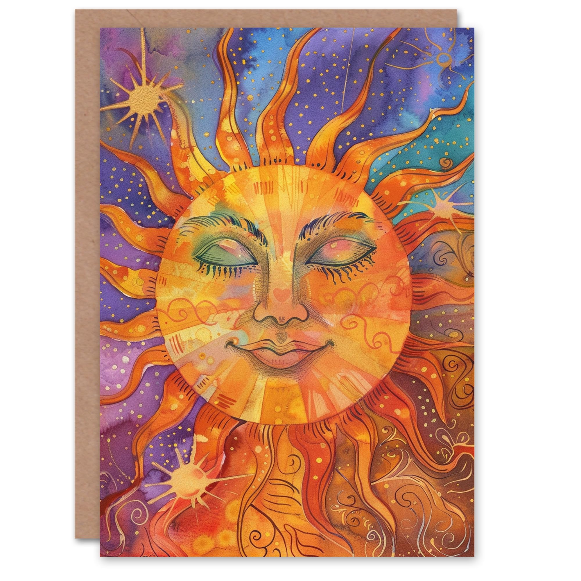 The Sun Colourful Watercolour Tarot Card Design Good Luck Card