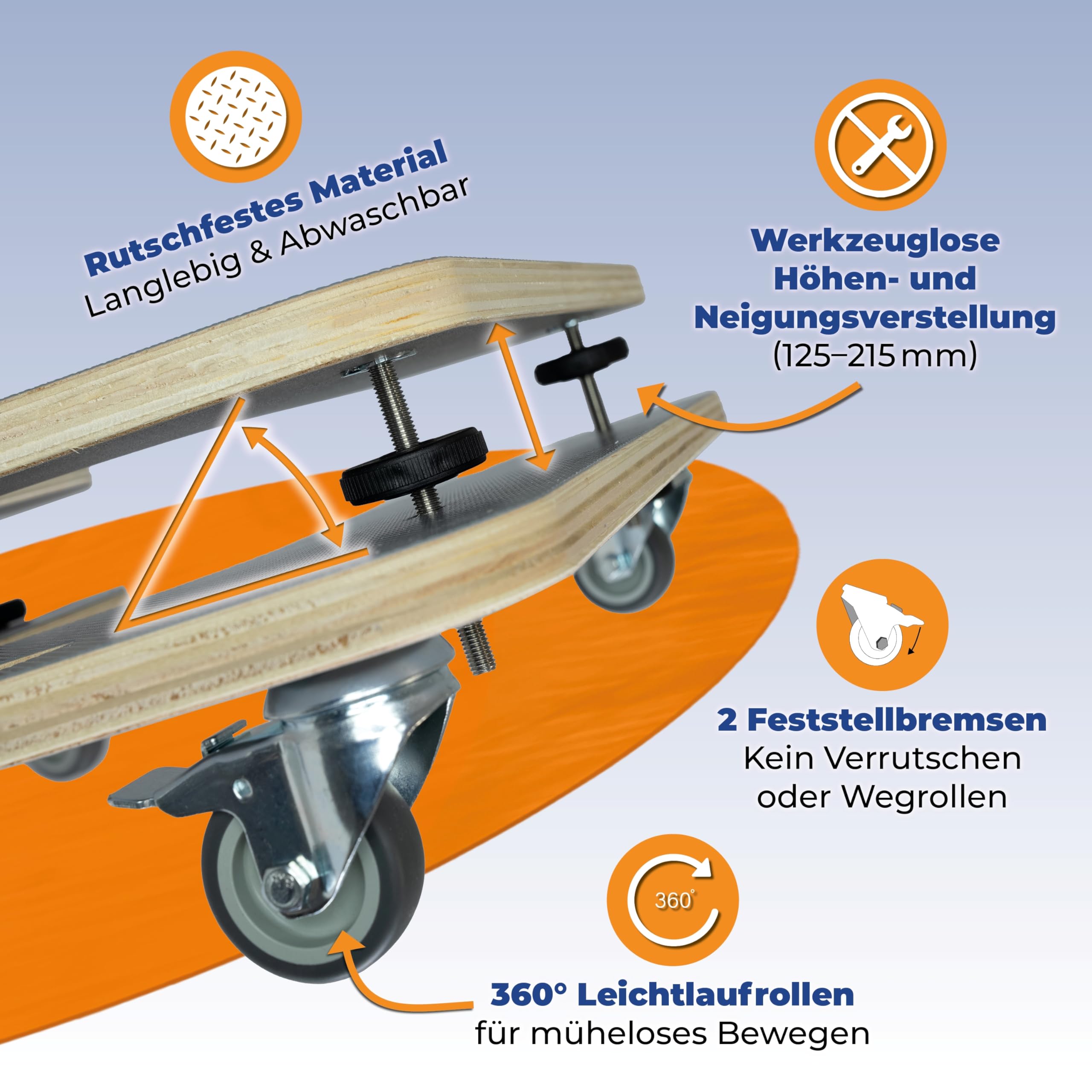 WC-Montagehilfe für wandhängende WCs & BDs – Höhenverstellbares Montage-Rollbrett 125–215 mm, 360° Rollen, bis 60 kg - Entwickelt und Patentiert vom Sanitärprofi