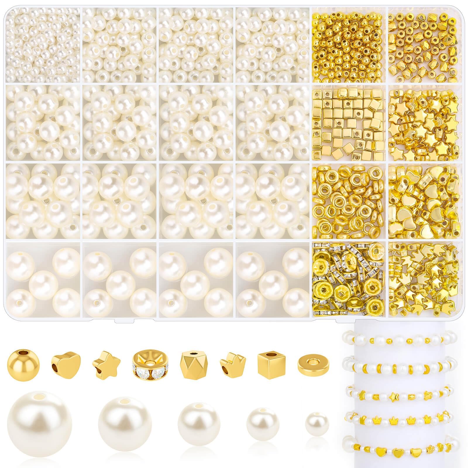 ELECDON Pearl Beads for Bracelet Making, 24 Grids 970 Pieces Pearl Beads and Gold Spacer Beads Small Smooth Round Disc Beads for DIY Craft Making Jewelry Bracelet