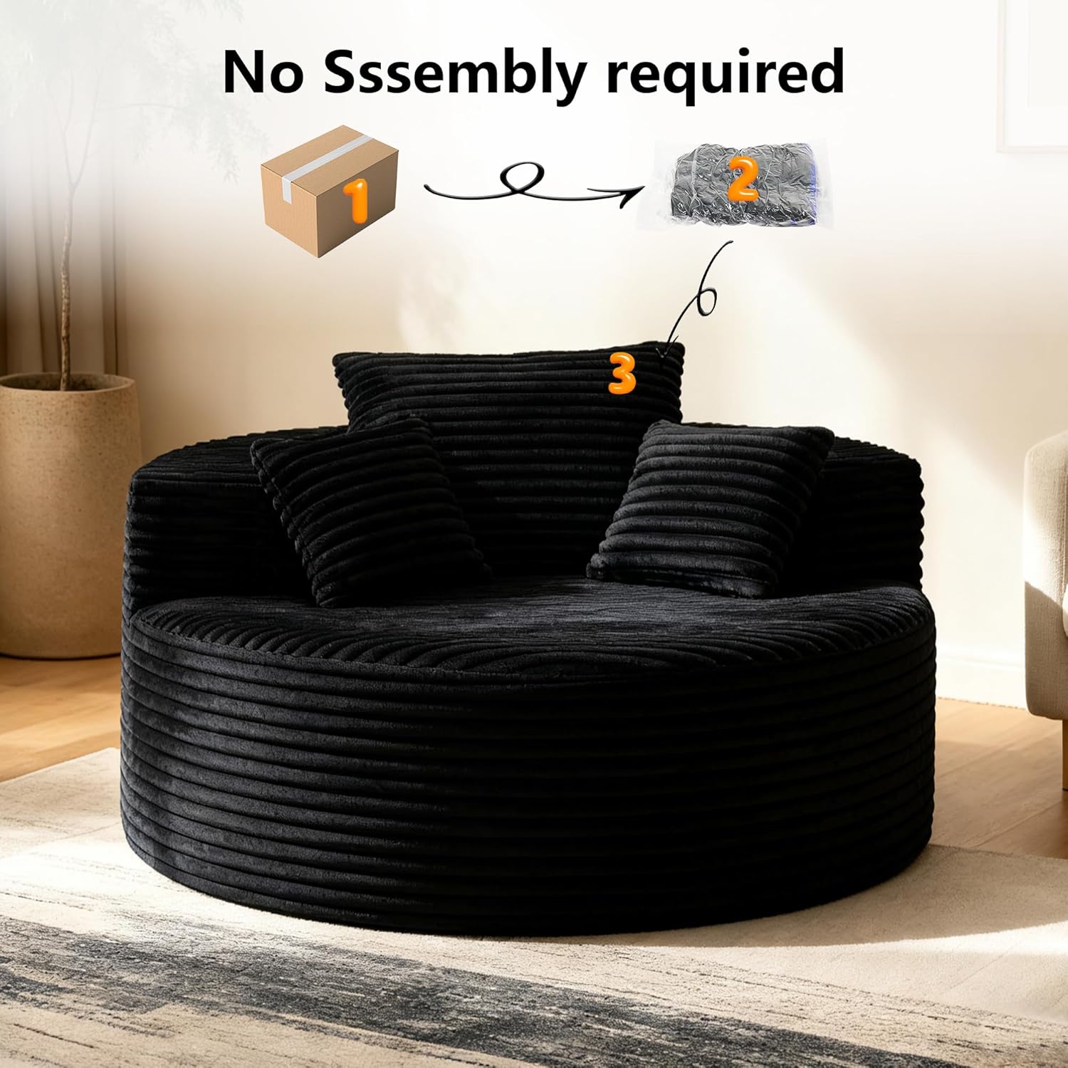Boneless Couch, Modern Oversized Round Lounge Chair with 3 Pillows, Corduroy Fabric Accent Chair for Living Room, Bedroom, No Assembly Required, 2.5mm Black
