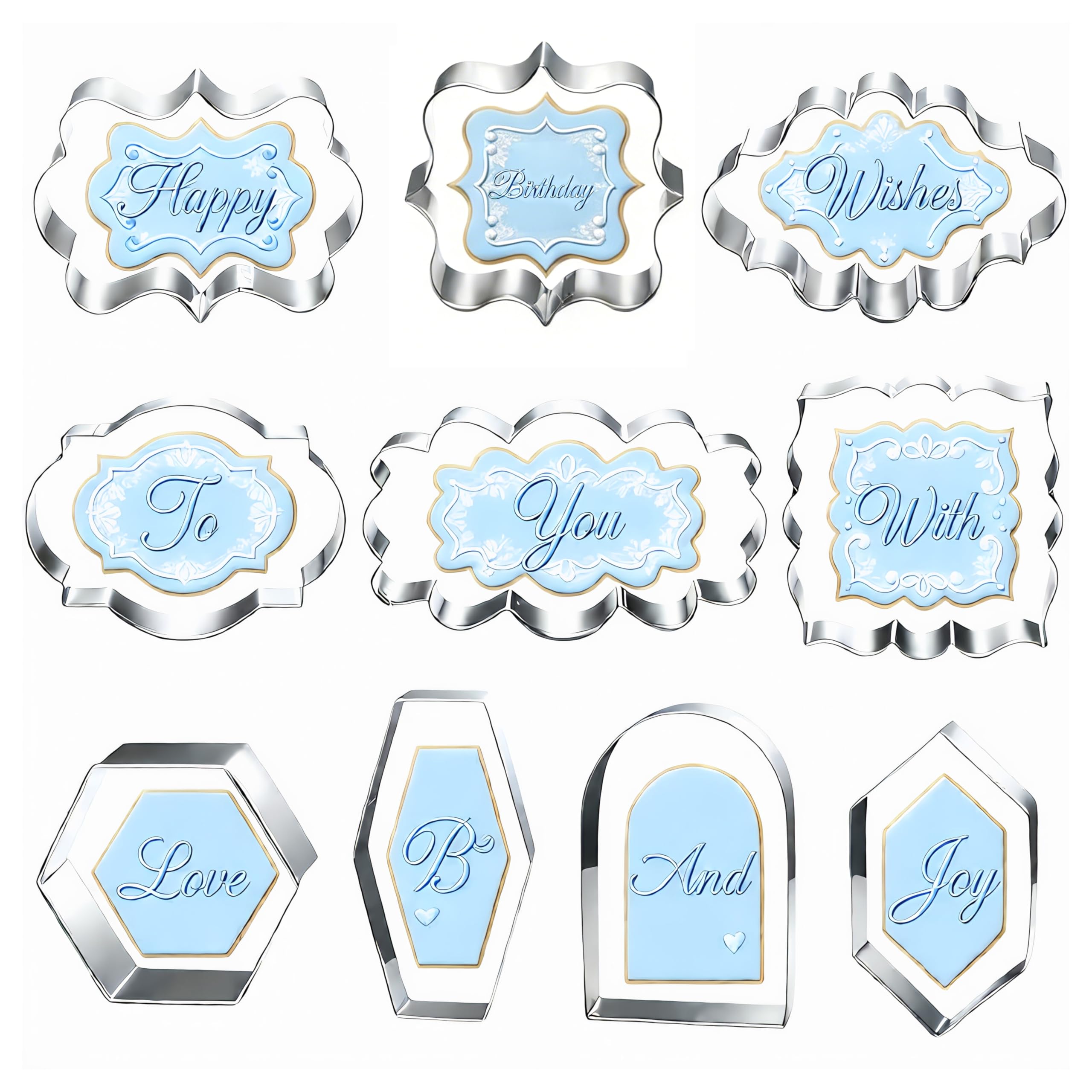 Photo 1 of 10 Pieces Plaque Frame Cookie Cutter Stainless Steel Biscuit Cutter Difference Shapes,Biscuit Wedding Baking Decorations Holiday Party (silver)