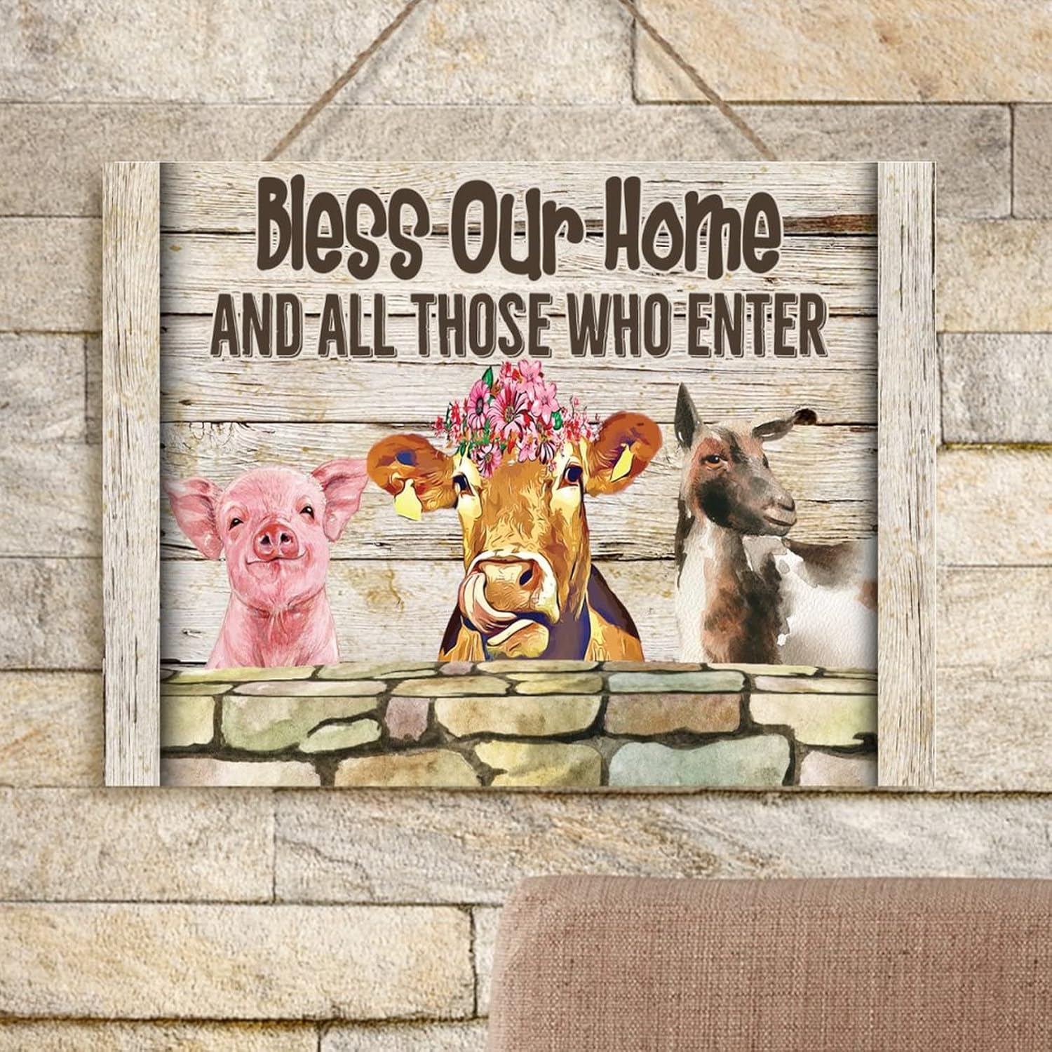 Wood Sign Farmhouse Animal Pig Cow Sheep Sign Bless Our Home and All Those Who Enter Wood Hanging Signs Chic Rustic Hanging Wood Plaque Wall Sign 24x18in Gift to Farm Animal Lover