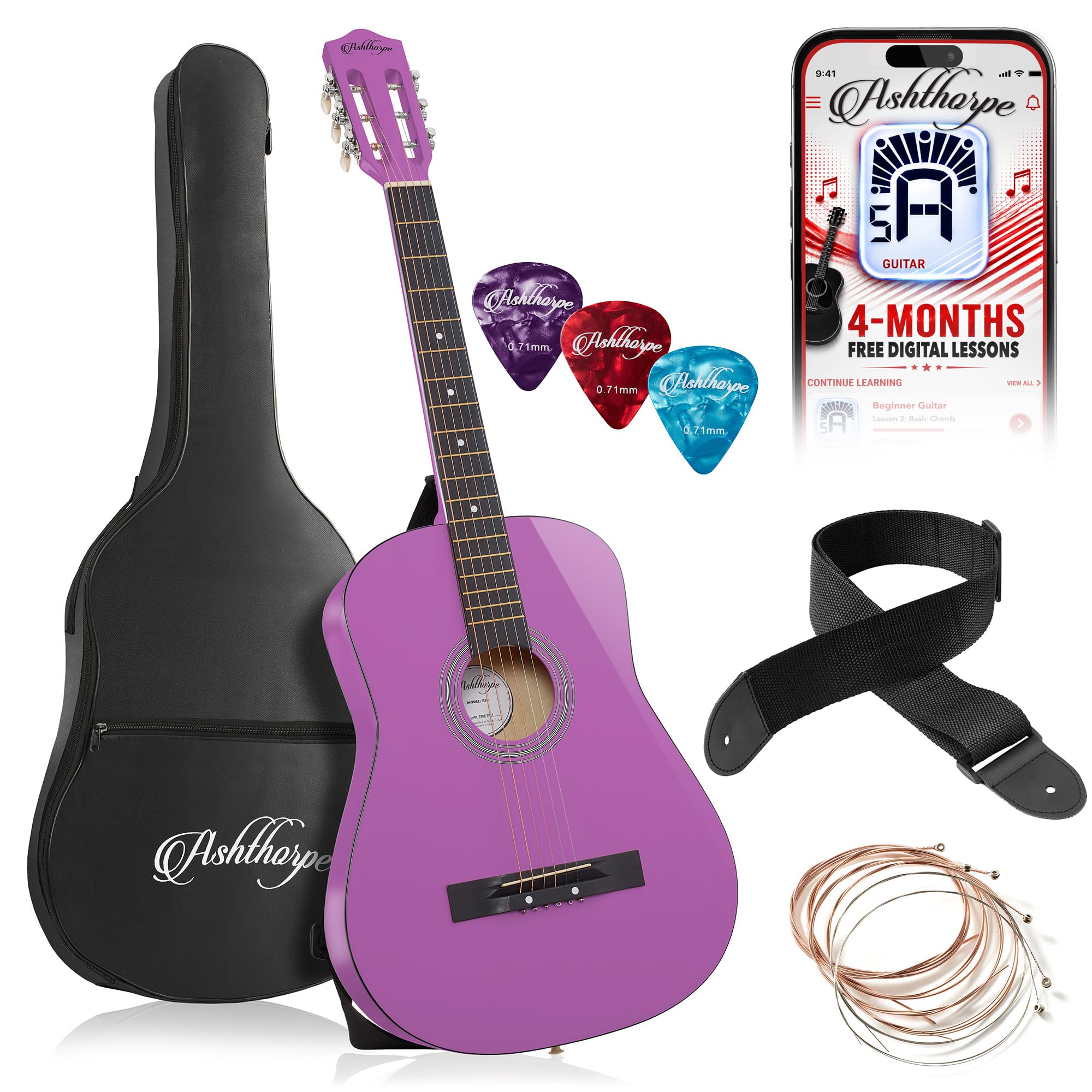 Ashthorpe 38-inch Beginner Acoustic Guitar (Purple), Starter Kit with Gig Bag, Extra Strings, Strap, Picks, and Lessons