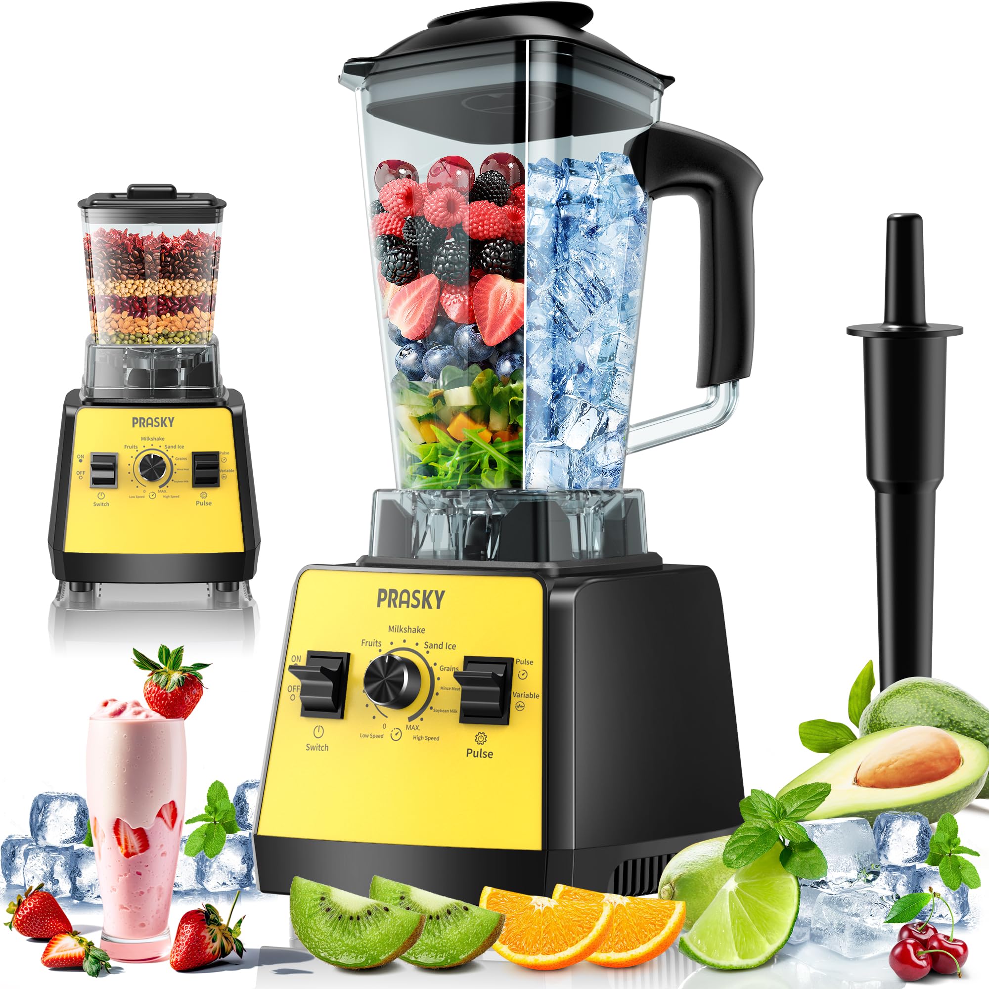 Blenders for Kitchen, Smoothie Blender, 2400W/1000W Prasky Blender &amp; Grinder Combo, 25,000 RPM High Speed, 68oz BPA-Free Food Processor, Countertop Blender for Smoothies, Shakes &amp; Food (Yellow, 2L)