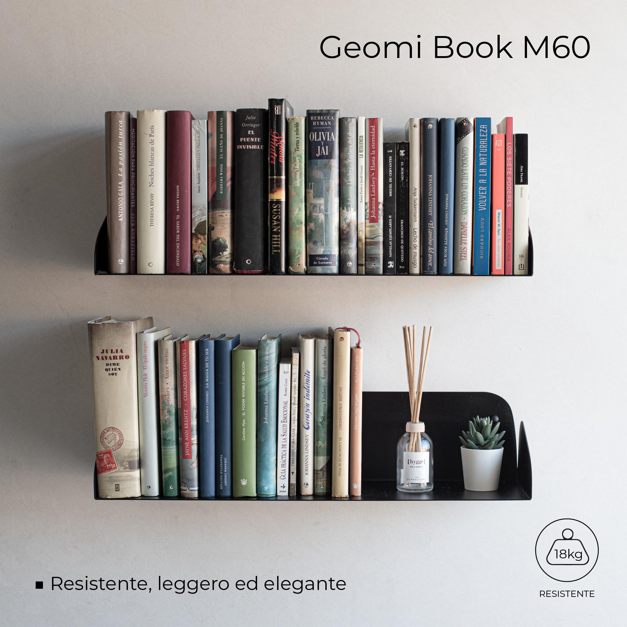 MILUKA Set di 2 Mensole da Muro Design 60 cm | Libreria da Parete Sospesa Metallo Nera | Modulare effecto invisibile, Porta Libri, Cd | Salvaespazio per Soggiorno, Cucina e Bagno
