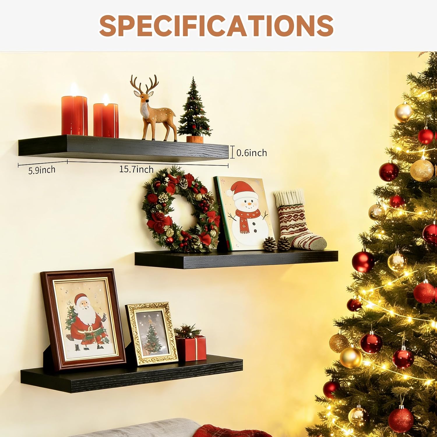 Easy Install Floating Shelves, 15.6 Inch Wall Mounted Wooden Shelf, Small Hanging Shelf for Home Decor, Books and Storage, Organizer for Bedroom, Bathroom, Kitchen, Set of 3, Dark Black