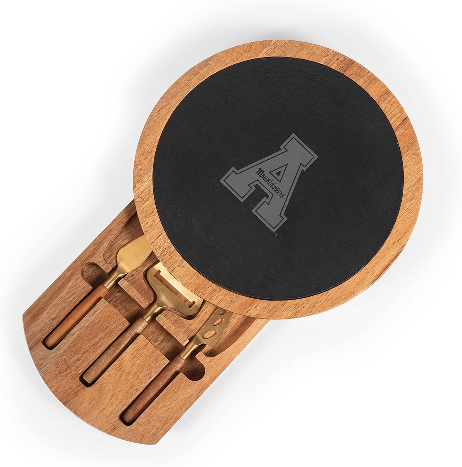 PICNIC TIME NCAA Insignia - Acacia and Slate Serving Board with Cheese Tools, (Acacia Wood & Slate Black with Gold Accents)