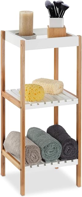 Relaxdays Bathroom Shelf with 3 Shelves Free-Standing Standing Shelving Unobstructed Bamboo MDF without Drilling Height 72 x 30 x 29 cm Natural/White