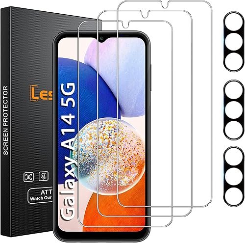 Paquete de 3 protectores de pantalla para Galaxy A14 5G + 3 protectores de lente de cámara, antiarañazos cobertura completa fácil instalación