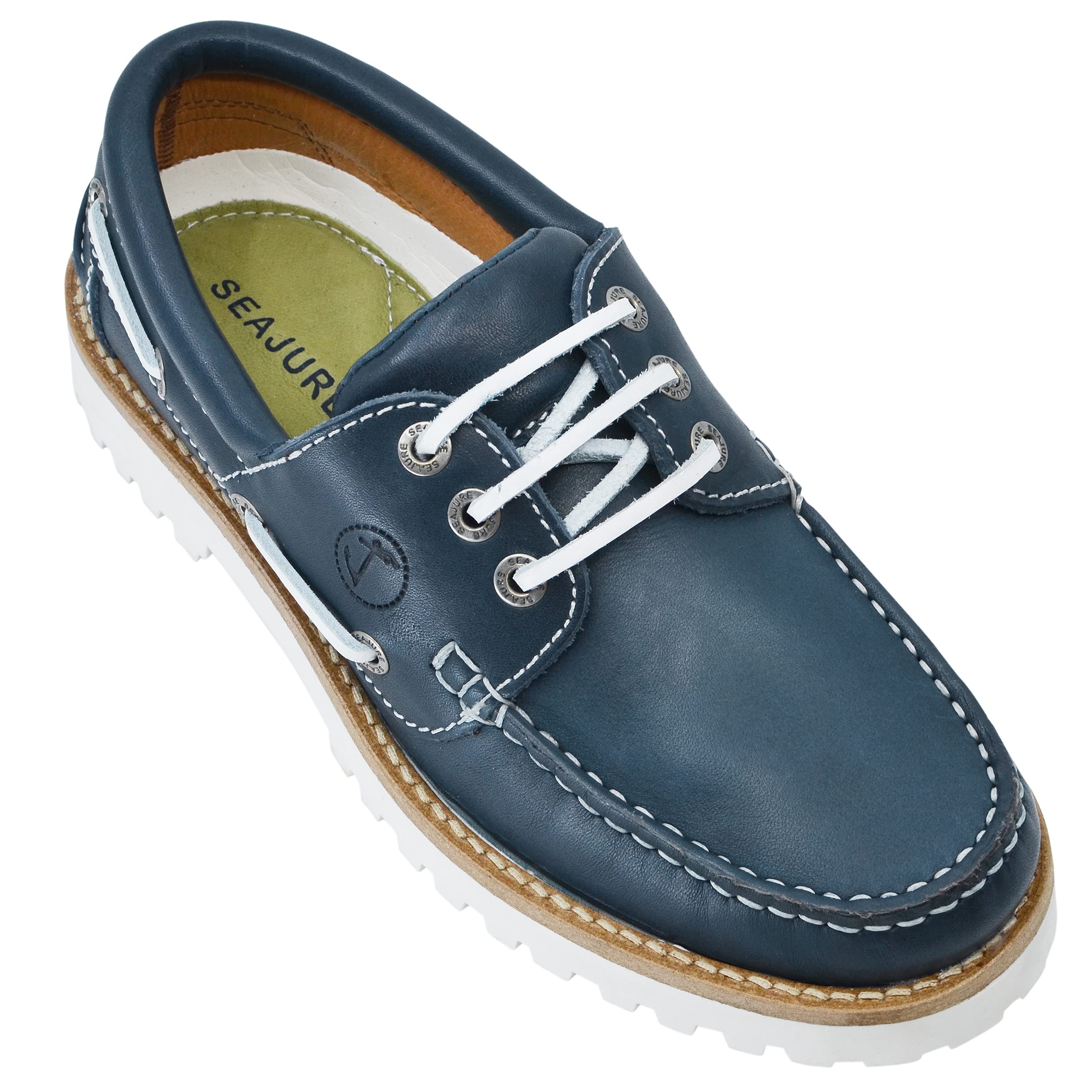 Seajure Chaussures Bateau pour Femme Sibang en Cuir Bleu Marine et Blanc