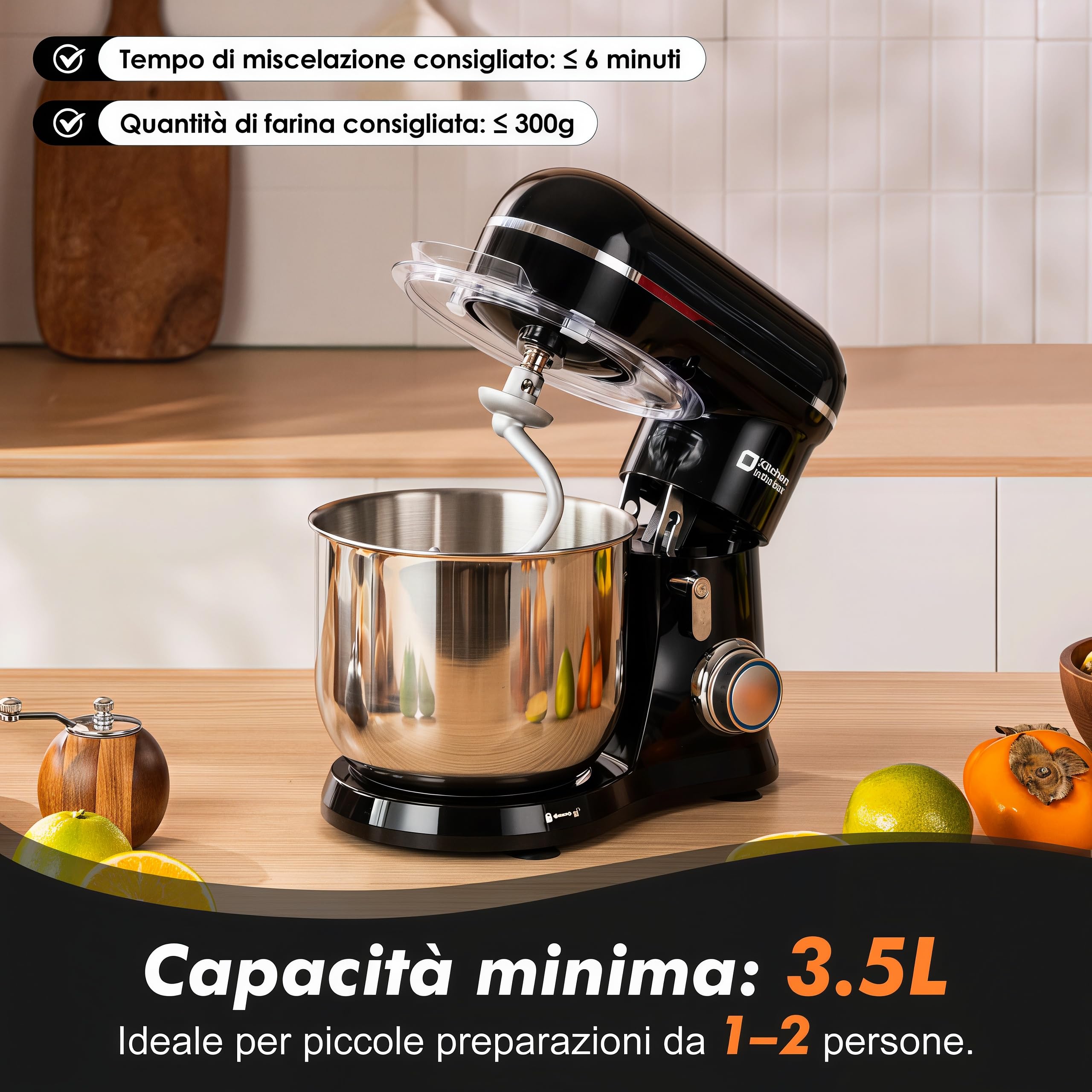 Kitchen in the box Impastatrice Planetaria, 3,5L Piccolo Planetaria Professionale, 10 Velocità Impastatrice Pizza con Uncino Impastatore, Mescolatore, Frusta Sbattitric (Nero)