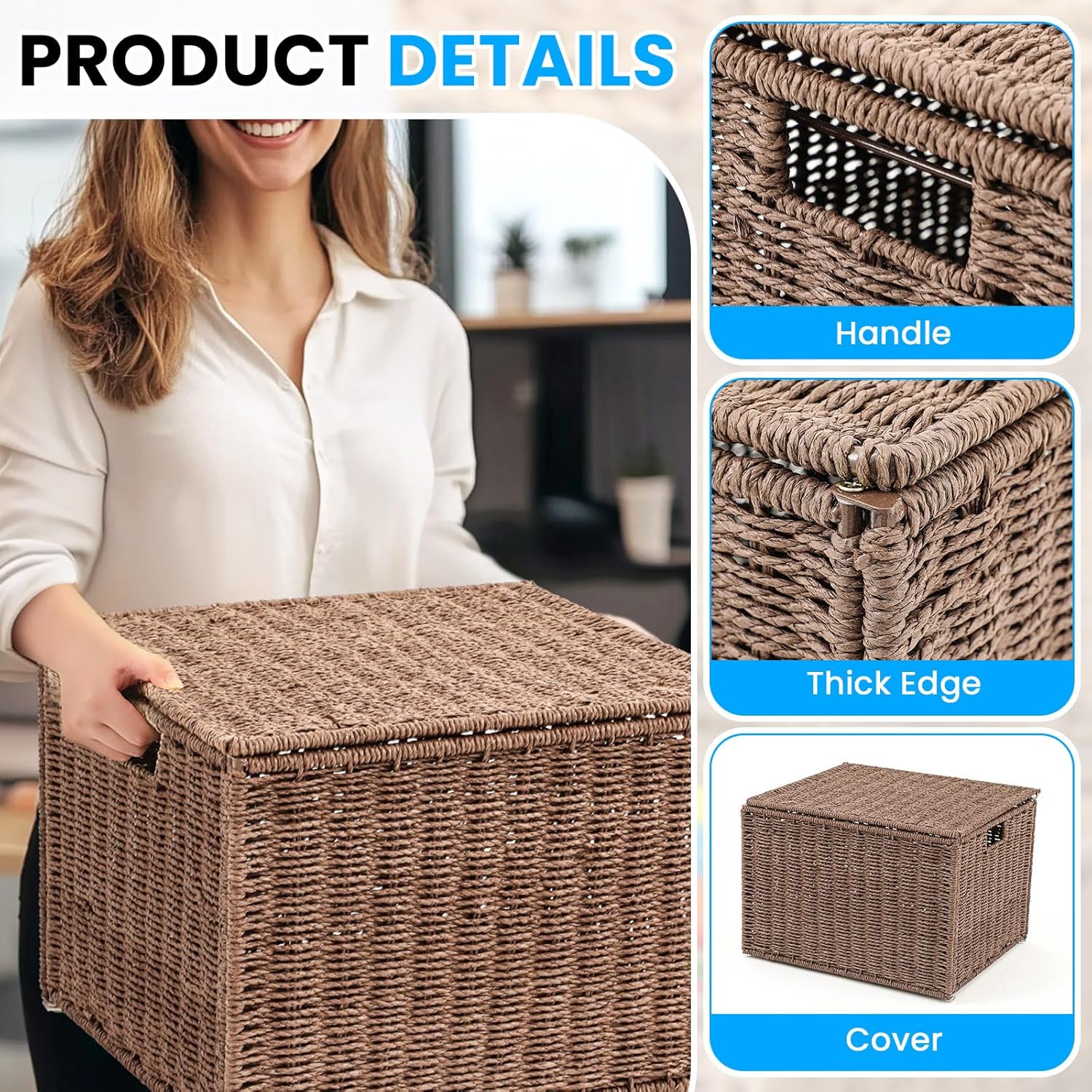 Cinnvoice Extra Large Decorative File Box 18 x 16 x 13 in Wicker Seagrass File Basket Organizer for Letter Legal Size Hand Woven Hanging Filing Cabinet with Lid for Office Paper Rope, Dark Brown