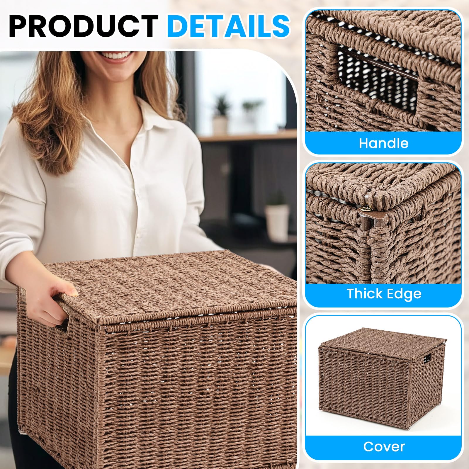 Caja de archivos decorativa extra grande de junco marino, organizadores colgantes para tamaño carta y legal, archivador colgante con tapa, caja de carpetas de documentos para decoración del hogar y la