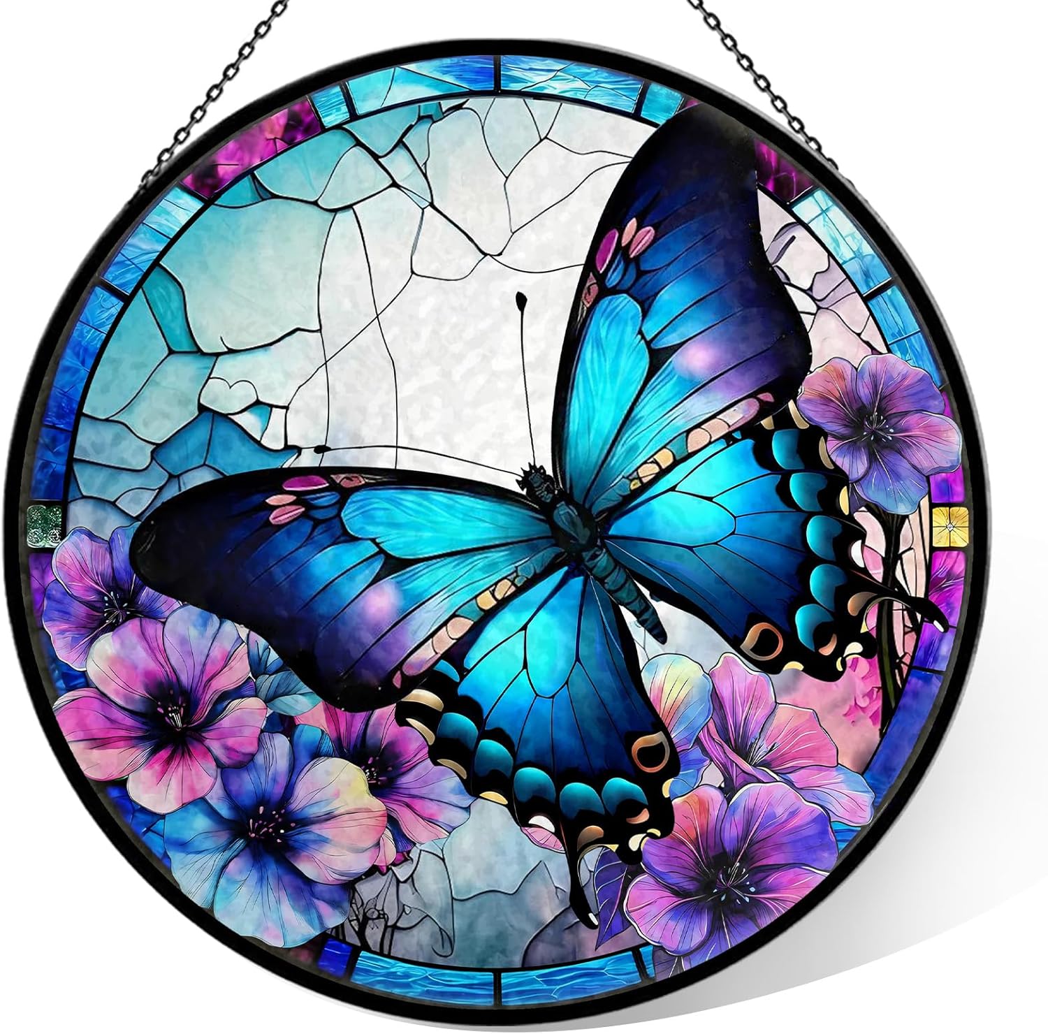 Butterfly Stained Glass Suncatcher for Garden Decor - 7.9" Handmade Window Hanging Patio Porch Backyard Art