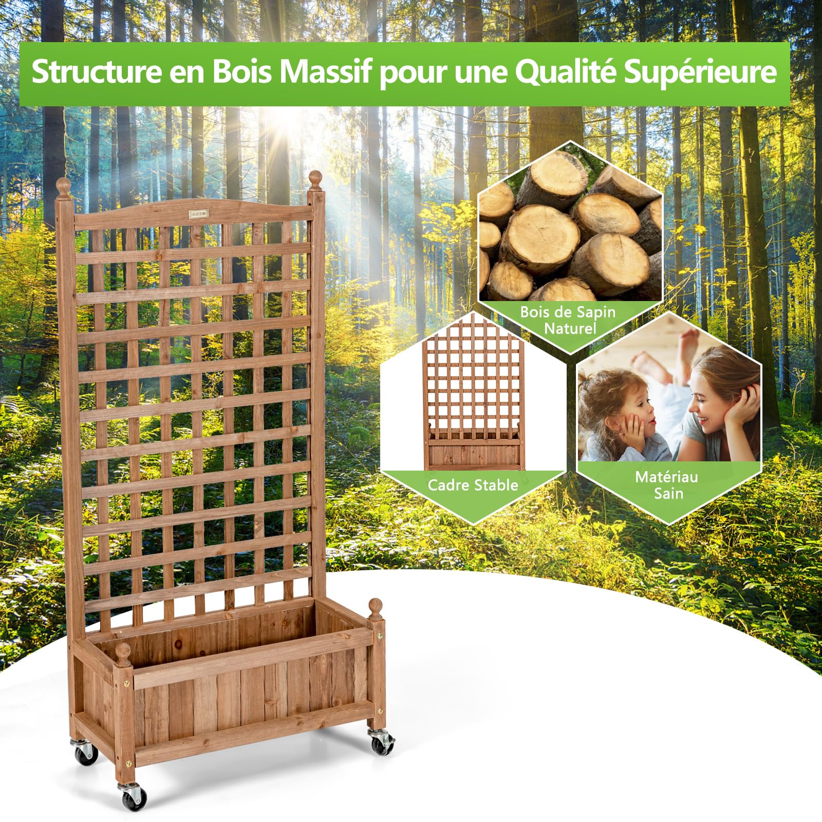 RELAX4LIFE Jardinière Treillis sur Roulette, Jardiniere Surélevée en Bois de Sapin pour Plantes Grimpantes, Bac à Fleurs avec Treillis, Résistant aux Intempéries pour Cour, Jardin, Balcon