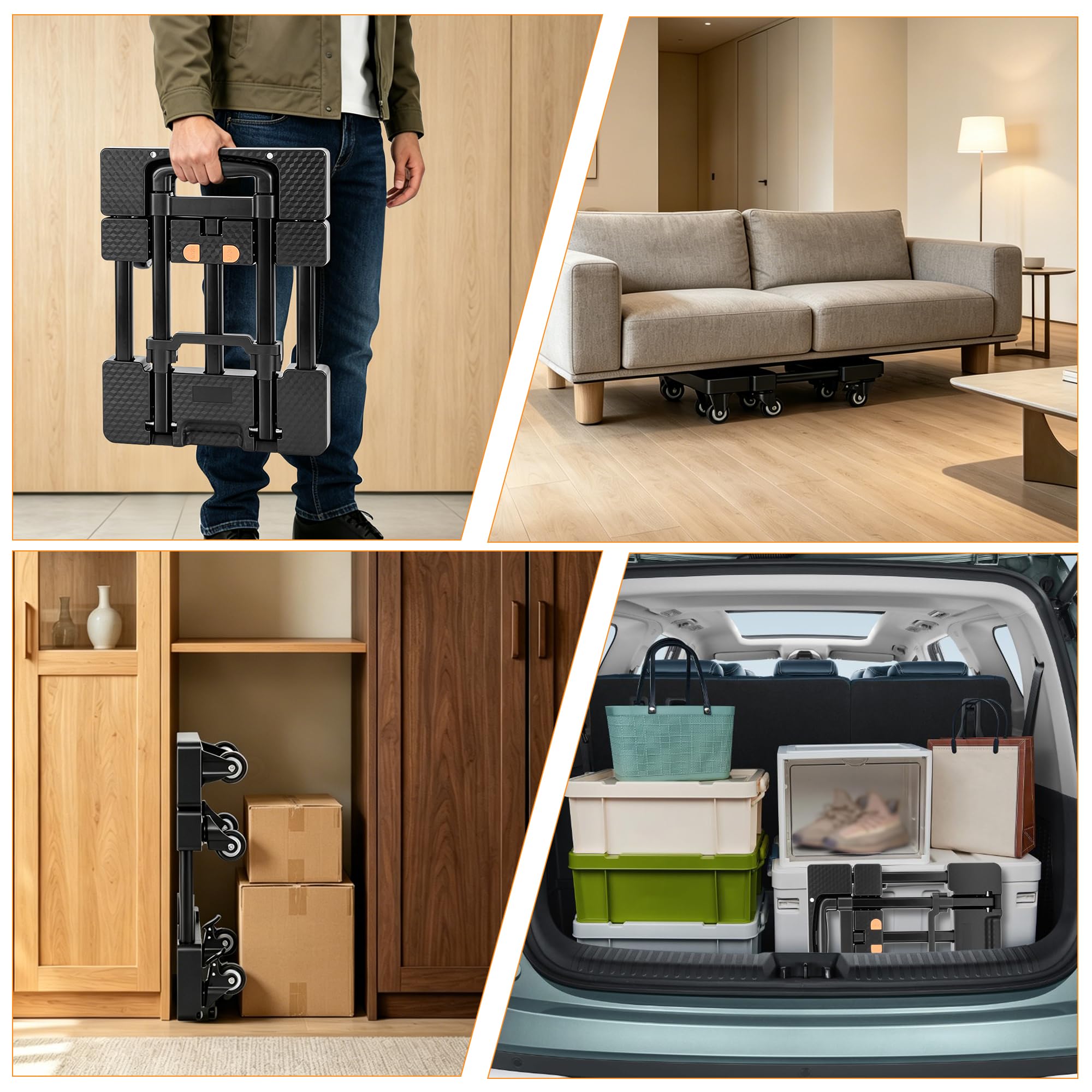 OUUTMEE Diable Pliable - Capacité de Charge Jusqu'à 225 kg | Roulettes Silencieuses, 6 Roues, 2 Cordes élastiques, Chariot à Utilitaire Pour Déménagement/Bureau/Transport intérieur
