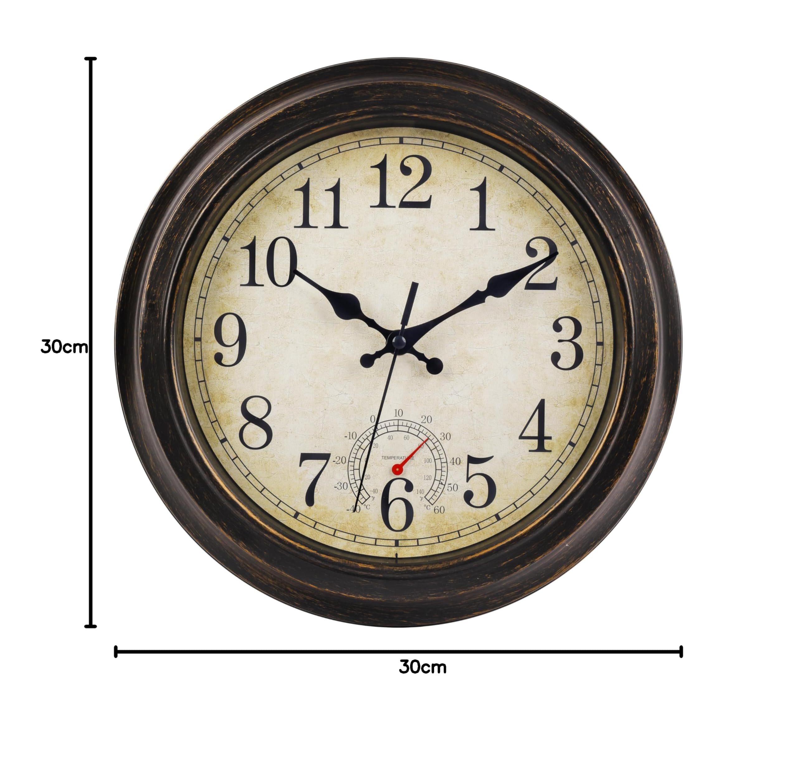 jomparis Horloge Murale Geante Montre d'extérieur de 30 cm avec thermomètre - Étanche et résistante aux intempéries - Pour jardin, terrasse, piscine, patio - Bronze