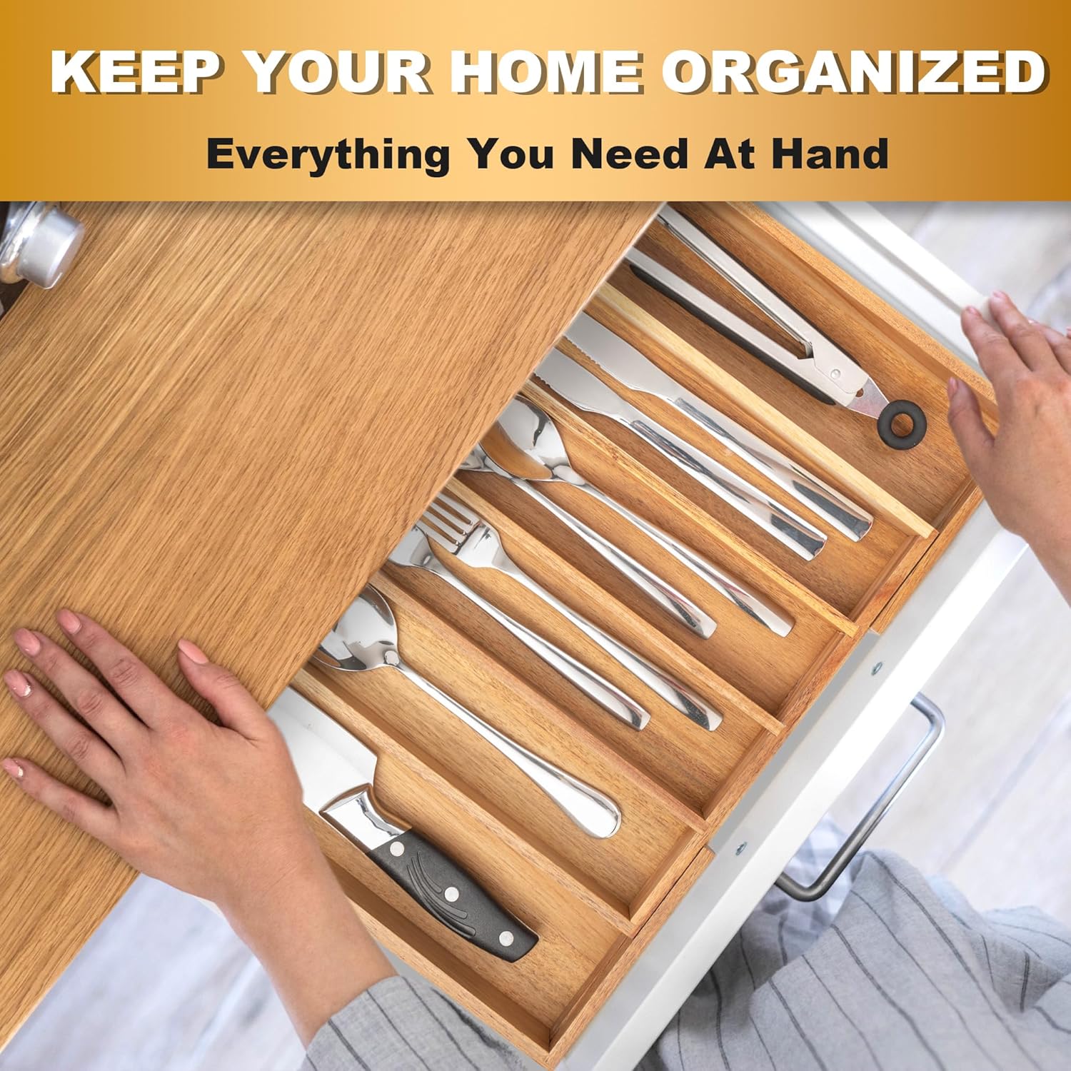 Besilord Expandable Utensil Organizer Silverware Organizer for Kitchen Adjustable Utensils Holder Acacia Large Flatware Silverware Cutlery in Drawer (7 Slot, Acacia)