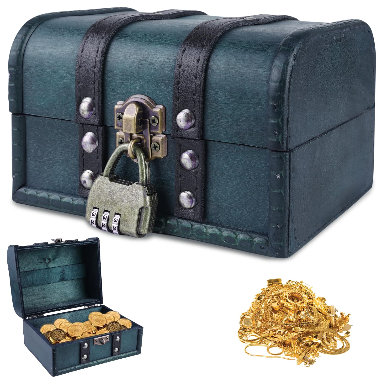 Forziere Del Tesoro In Legno Vintage Con Lucchetto - Scrigno Pirata Portagioie Per Bambini E Collezionisti - Foto 7