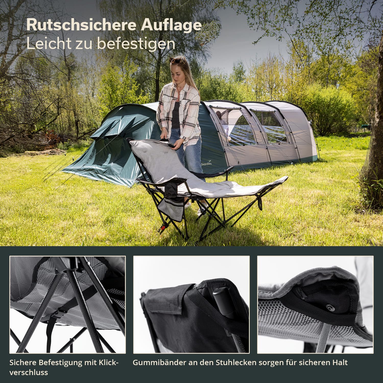skandika Silla de Camping Toras con reposapiés, Plegable, función reclinable, tamaño Compacto,con Soporte para Bebidas (Negra/con Acolchado)