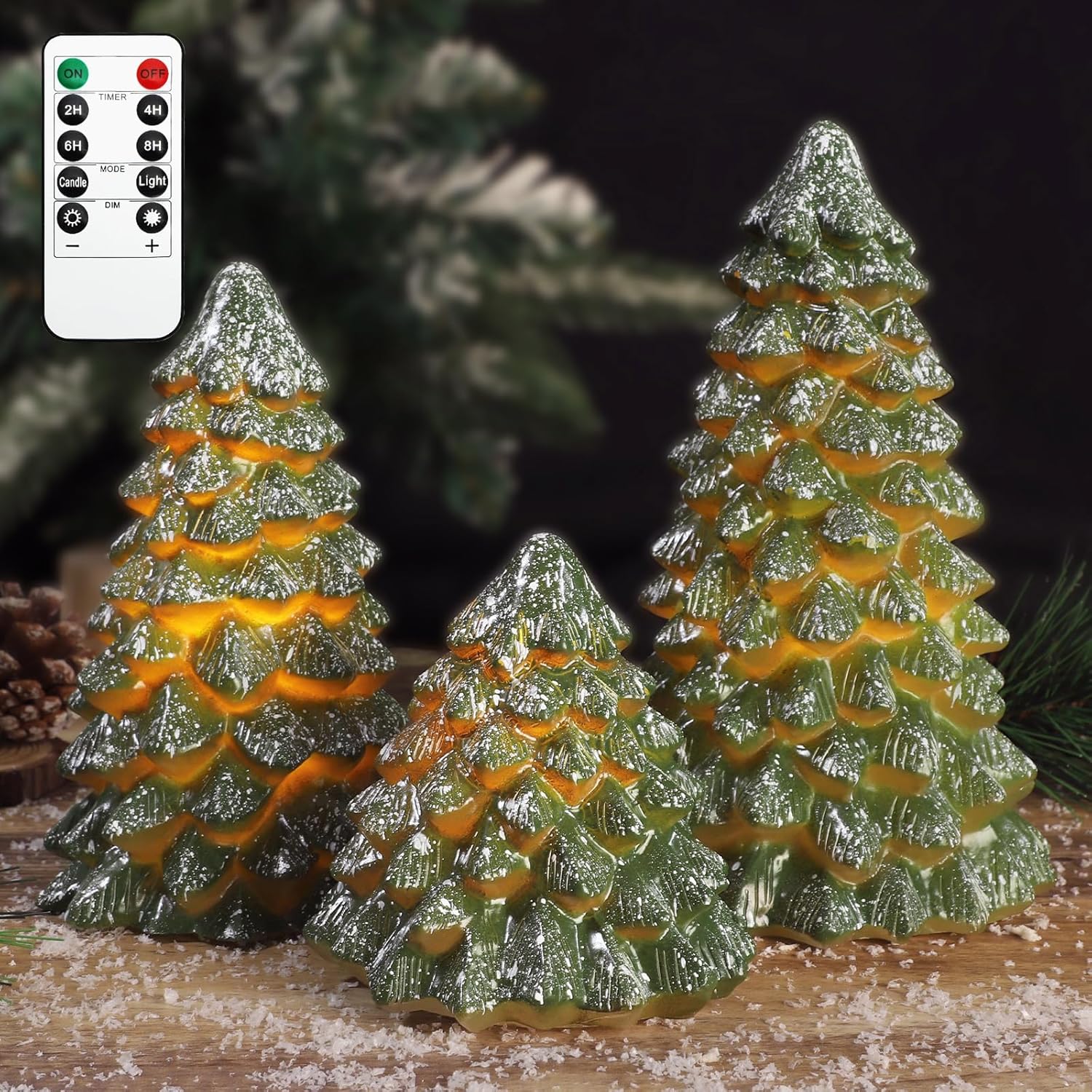 Green Christmas Tree Figurines Hand-Painted Tabletop Tree Flameless Candles Real Wax Flickering LED Battery Operated with Remote Lighted Christmas Tree Decoration for Shelf Fireplace Mantel Holiday Green Tree
