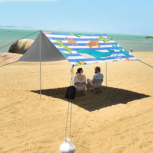 Miniatura 7 de Blue White Striped sea Animal Beach Cabana Tent UPF50+ Protection Water-Resistant Large Sun Shelter with Sandbags and Shovel for Camping, Picnics,