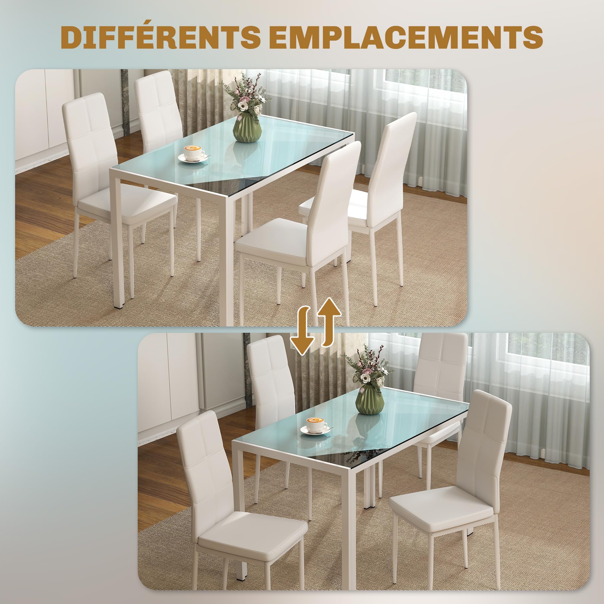 HOMCOM Ensemble Table à Manger avec 4 Chaises, Table de Cuisine en Cuir Synthétique, Verre Trempé, Acier, Blanc