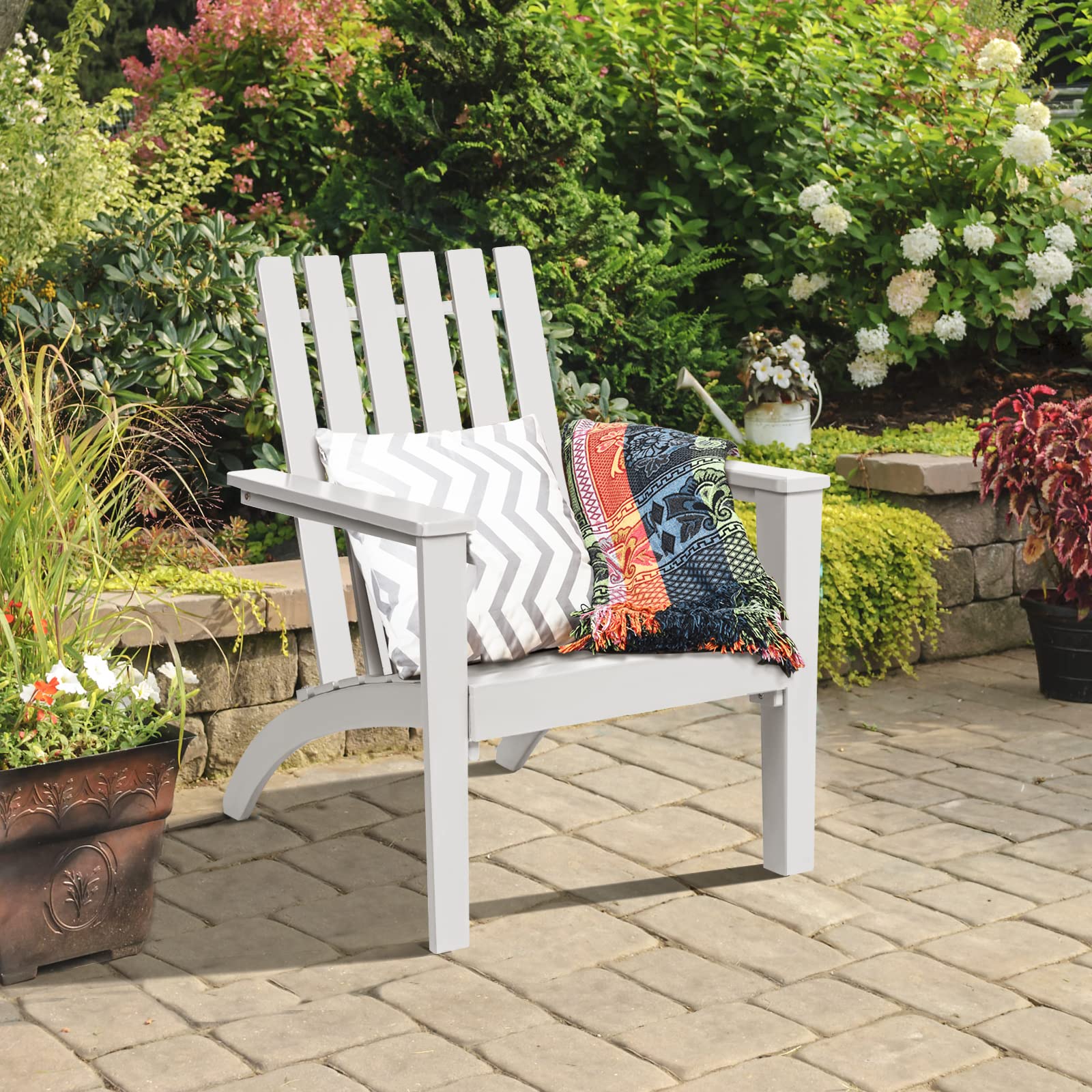 GOPLUS Silla Adirondack de Madera de Acacia, Silla de Jardín con Respaldo y Reposabrazos, Sillón Ergonómica para Terraza Piscina Patio Playa, 68x73x86CM, Carga hasta 160KG (Blanco)