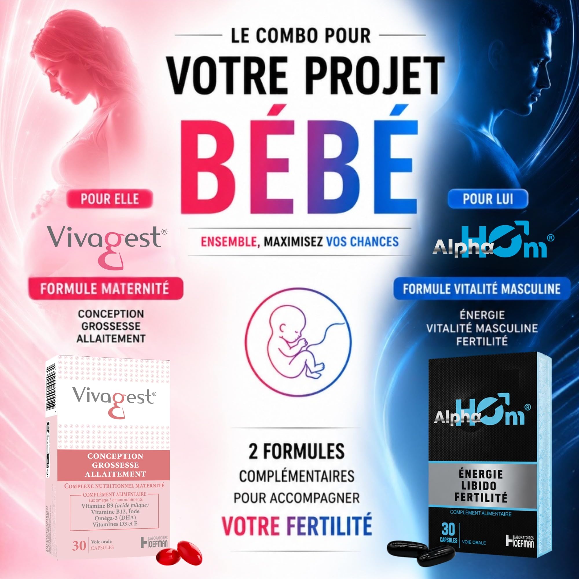 Complément Alimentaire Triple Action – Désir de Grossesse & Préconception, Grossesse, Allaitement – Oméga 3 DHA EPA, Complexe Vitamines B9+B12, D3, E, Iode (30 Capsules, 1 mois)