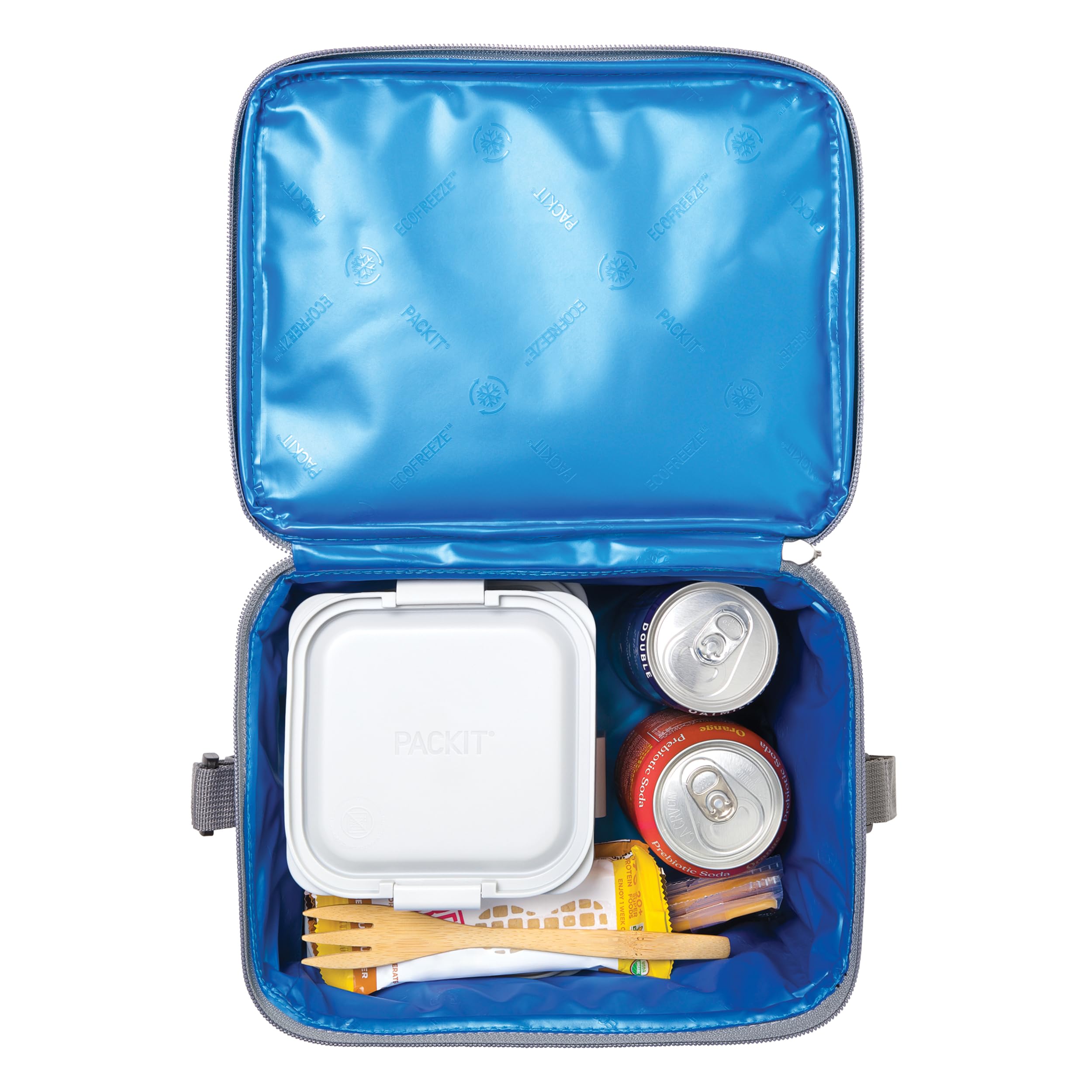 PackIt Zamrażalna niezbędna chłodziarka, zbudowana w technologii ECOFREEZE, w pełni zamrażalna, składana, wielokrotnego użytku, z regulowanym paskiem crossbody, górnym uchwytem z klipsem,