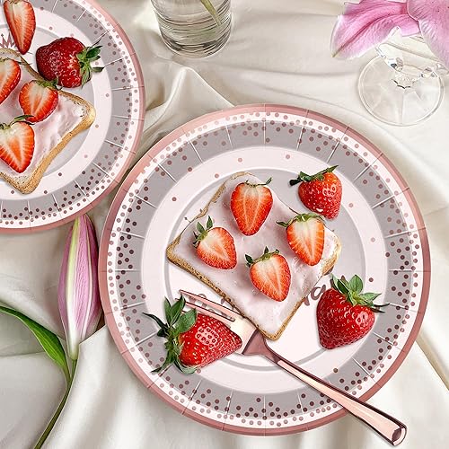 Miniatura 4 de Juego de vajilla de papel desechable de 100 piezas para fiesta de cumpleaños, platos de cena de oro negro y rosa dorado, servilletas, vasos, platos