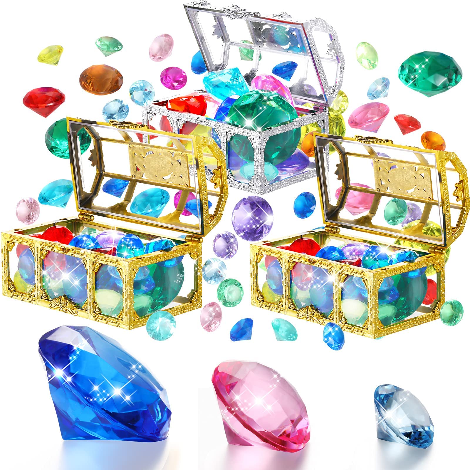 MAKINGTEC 24 Diving Gems Pool Toys with 3 Treasures Pirate Box, MAKINGTEC Summer Swimming Gems Diving Teaching Toys Colorful Sinking Gems Pool Toys Underwater Gem Diving Dive Throw Toy