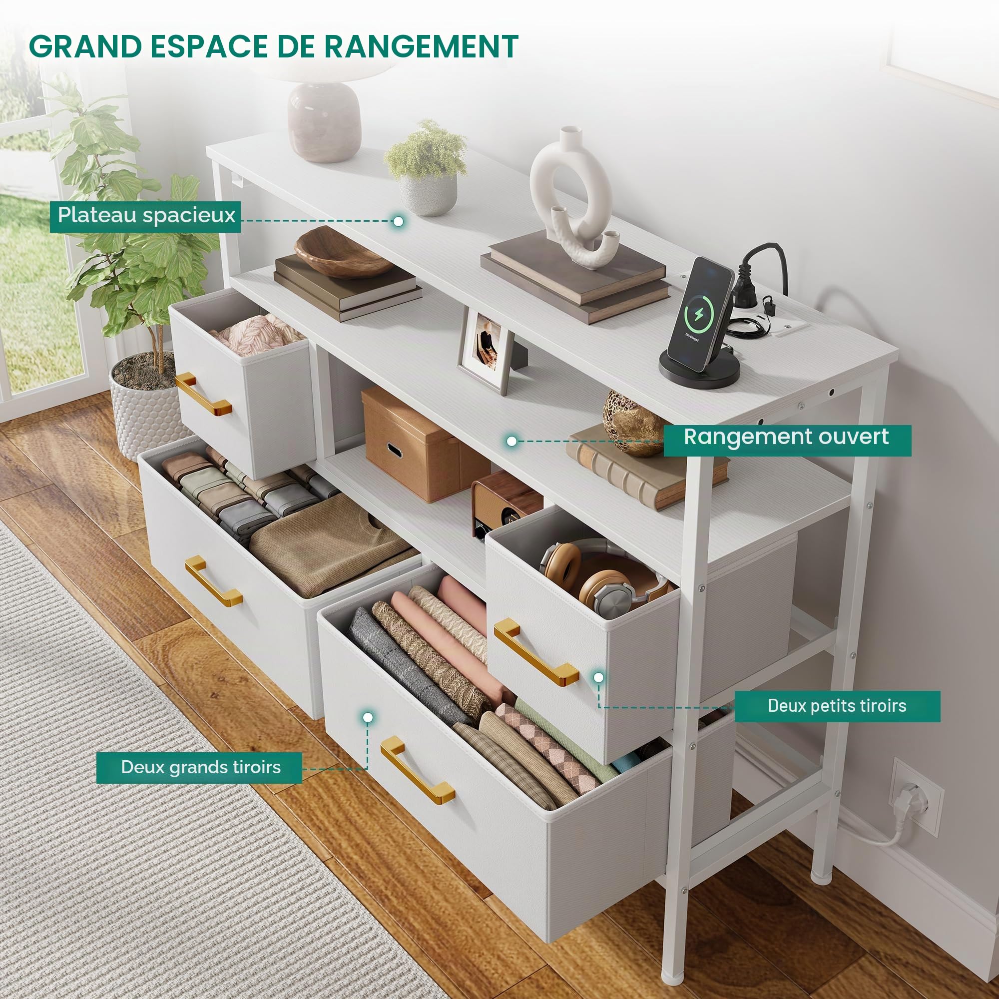 YITAHOME Commode en Tissu avec Prises et lumières LED, 4 tiroirs et 2 Crochets, Convient pour Les téléviseurs jusqu'à 32 Pouces, Commode en Tissu pour Chambre à Coucher, Salon, Bureau à Domicile