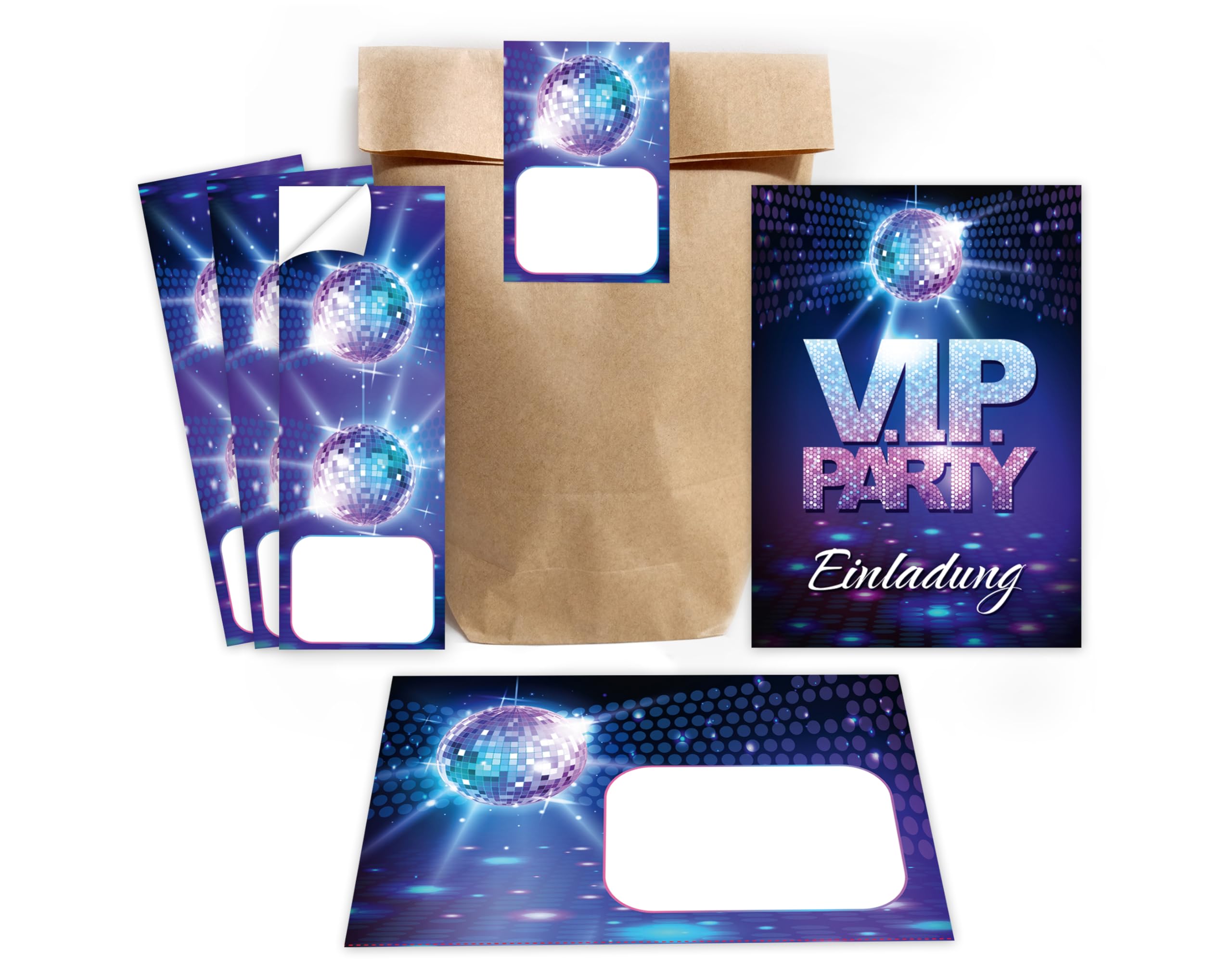 12 Einladungskarten incl. 12 Umschläge zum Geburtstag Hochzeit Jubiläum Kindergeburtstag VIP Disco Jungen Mädchen Jungendliche Erwachsene Einladung incl. 12 Umschläge, 12 Tüten/natur, 12 Aufkleber