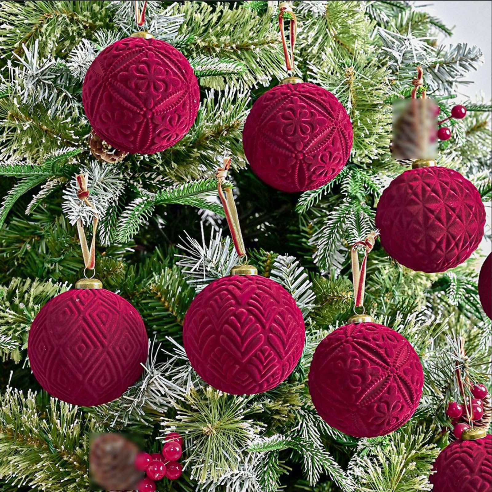 9 große Weihnachtskugeln aus Samt, 3,94 Zoll, Vintage-Weihnachtskugeln aus beflocktem Kunststoff, bruchsicher, hängende Kugelornamente for Kranz, Girlande, Party(Burgundy)