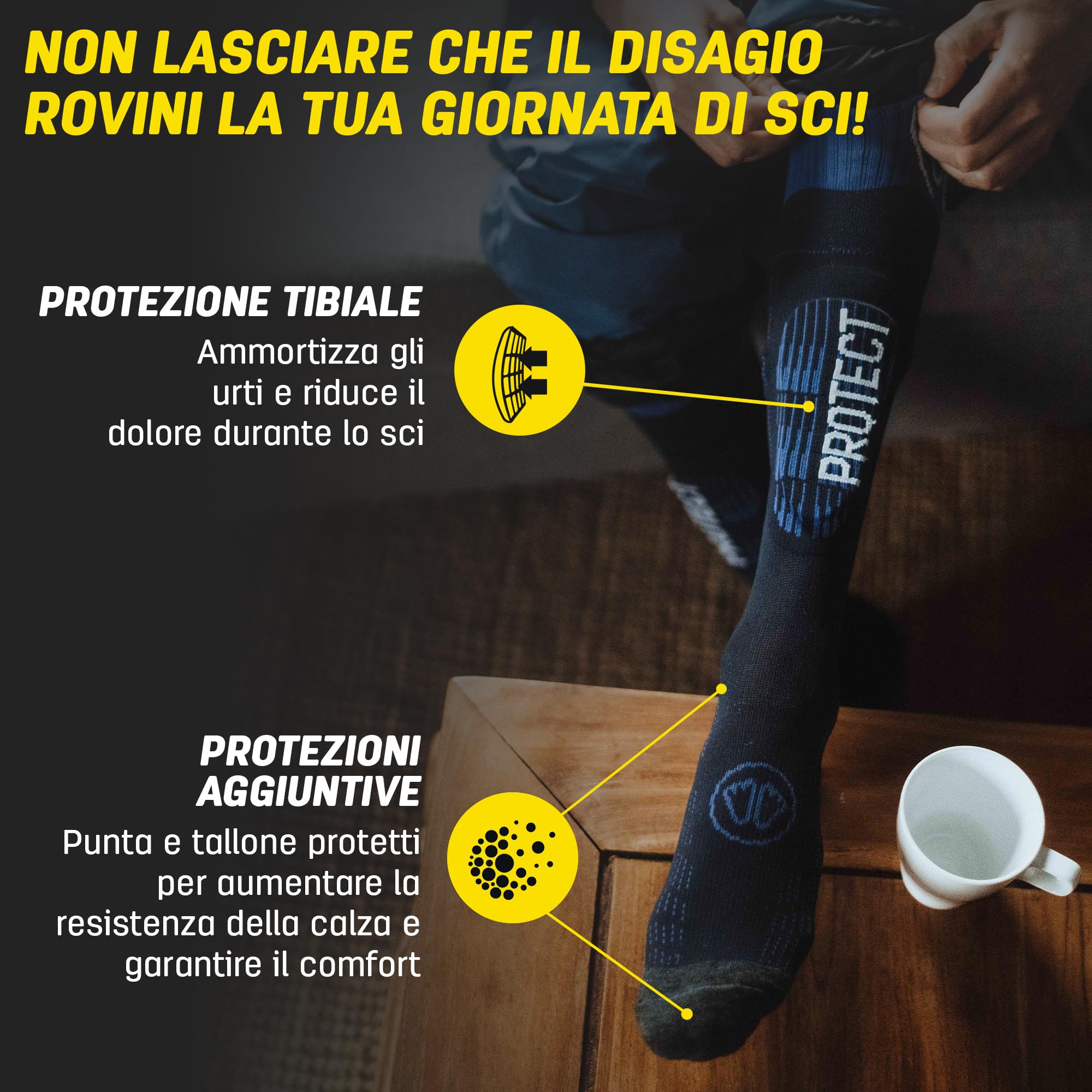Sidas Calze da sci per uomo e donna, Ski Protect, In lana merino, Protezione tibiale integrata, Calore naturale quando fa freddo e Regolazione dell'umidità