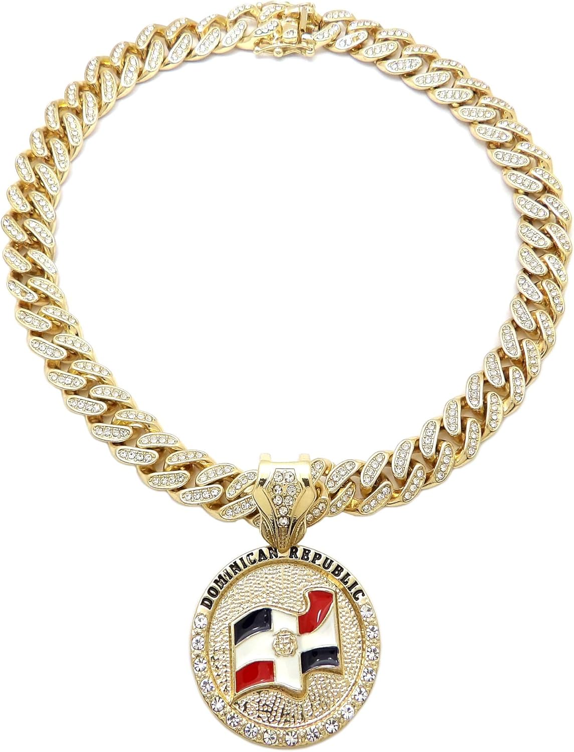 Dominican Republic Flag Round Pendant 11mm/18 or 20" Cuban Chain Necklace RC3897 (Gold 12mm/18)