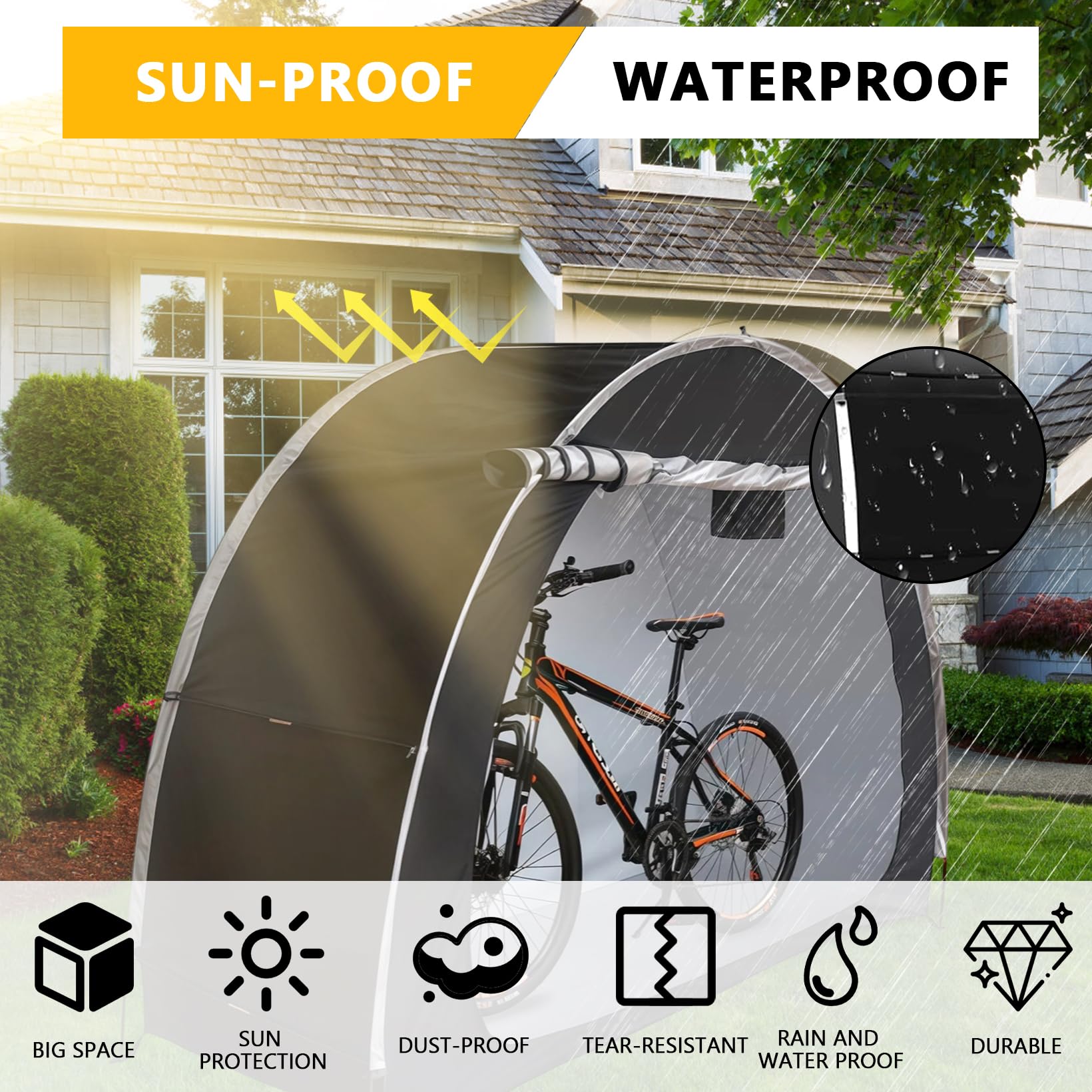 Fahrradlagerzelt für Fahrräder, Fahrradzelt 200 * 88 * 165CM, Außendurchführbares 210D Oxford Wasserdichtes Fahrradcover mit Lüftungsfenster, für Fahrräder, Rasenmäher, Gartengeräte(Schwarze