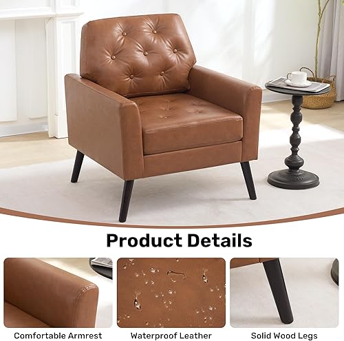 Miniatura 4 de Silla decorativa para sala de estar, silla de lectura moderna de mediados de siglo, sillón tapizado con respaldo copetudo y patas de madera, sofá PU