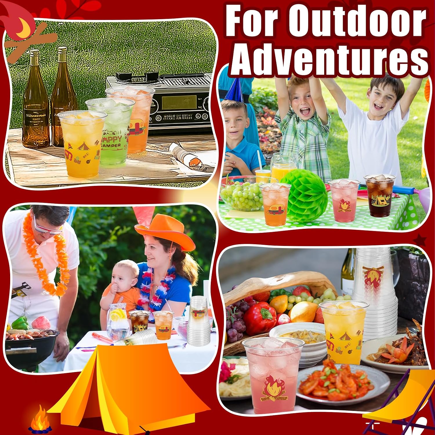 Camping Party Decorations Cups, 50 Pcs 12Oz Bulk Disposable Drinking Camping Theme Plastic Cups for BBQ Coffee Tea Beverage Backyard Birthday Shower Wedding Christmas Party Decorations Favors