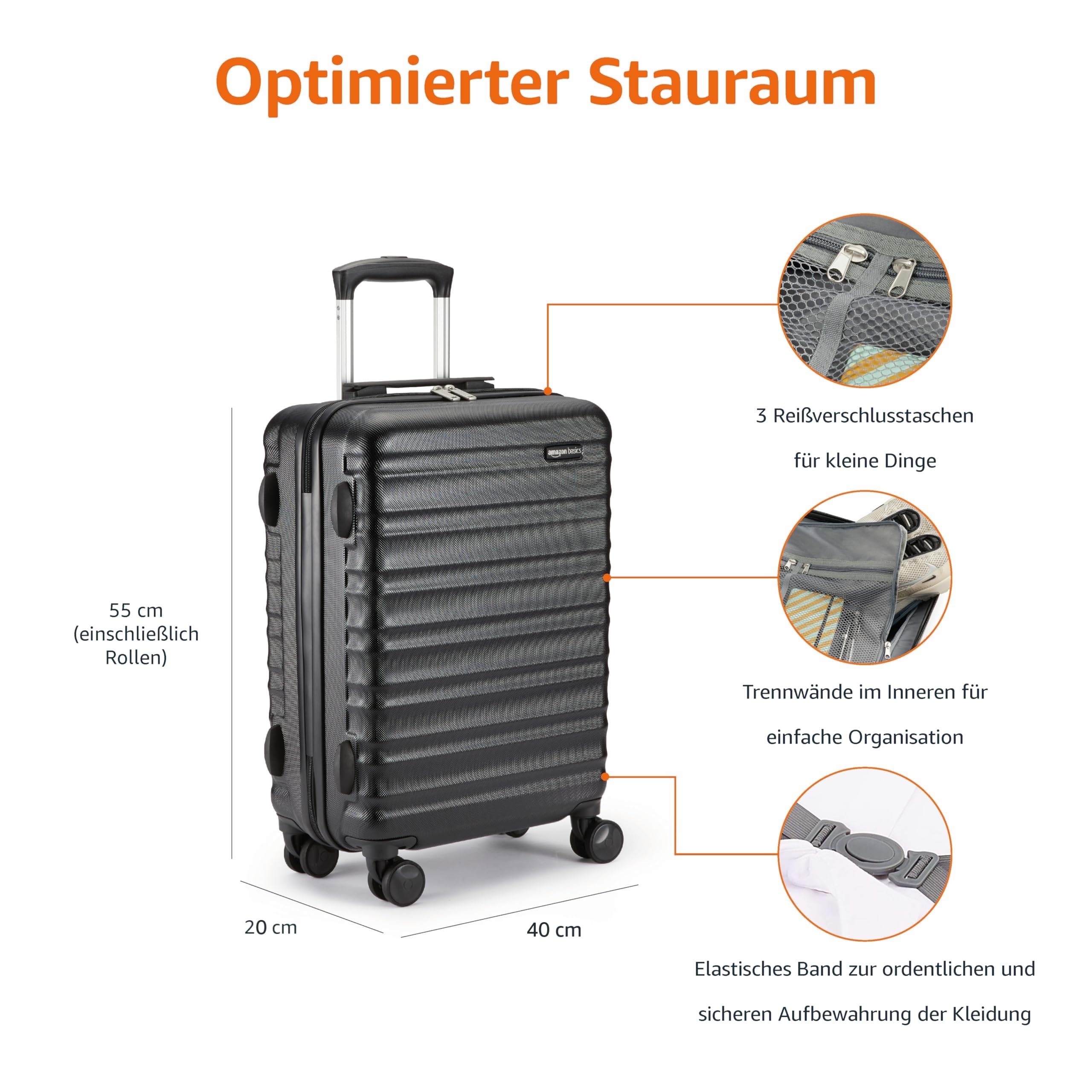 Amazon Basics Hartschalen-Kabinen-Koffer - ABS-Handgepäck Zugelassen für Ryanair - Kratzfest und Leicht - 55 x 40 x 20cm - Schwarz