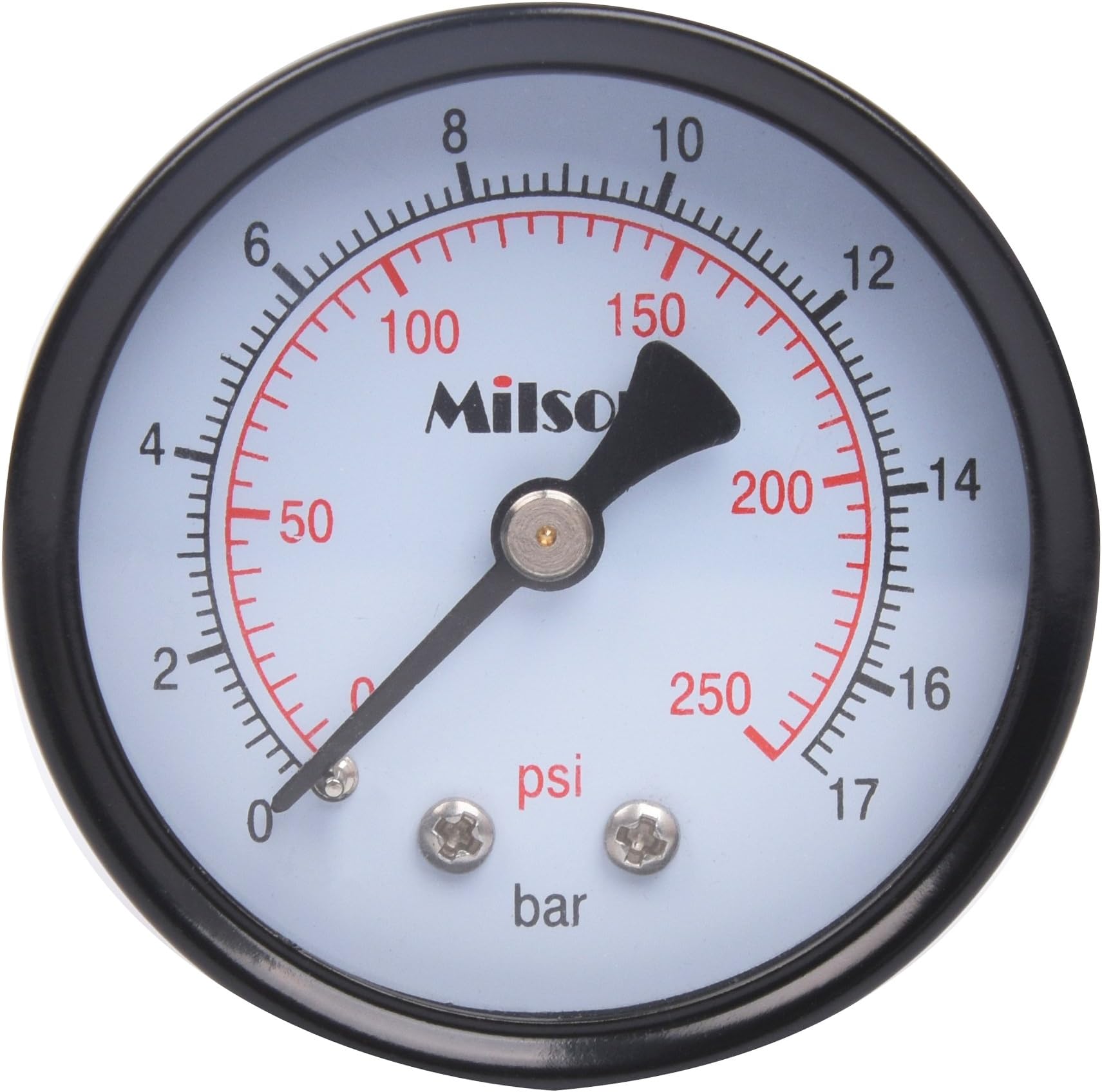 Milson Pressure Gauge, 2" Black Steel Case, Back Mount, 1/4"NPT, 0+250 Psi/Bar, Accuracy: +/-2.0, Brass Internal, Multiple Function