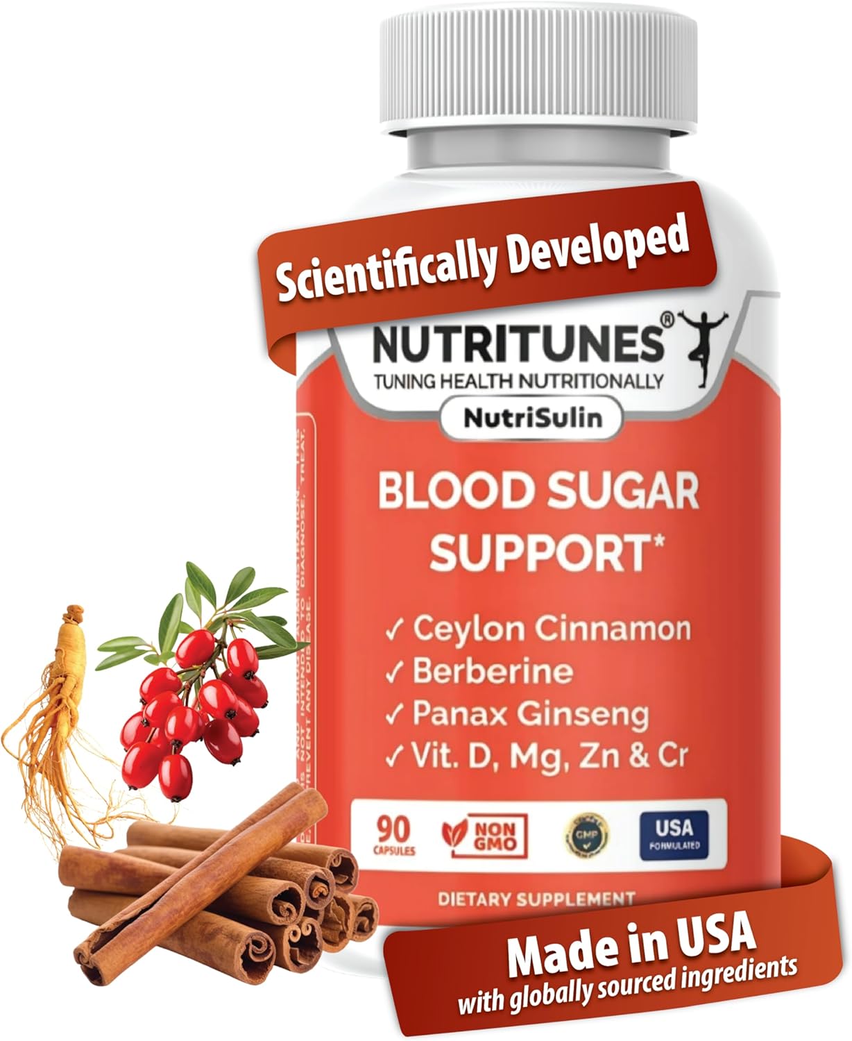 Blood Sugar Complex with Berberine, Ceylon Cinnamon, Panax Ginseng & Chromium – Supports Healthy Sugar Metabolism – 90 NutriSulin Supplement Capsules