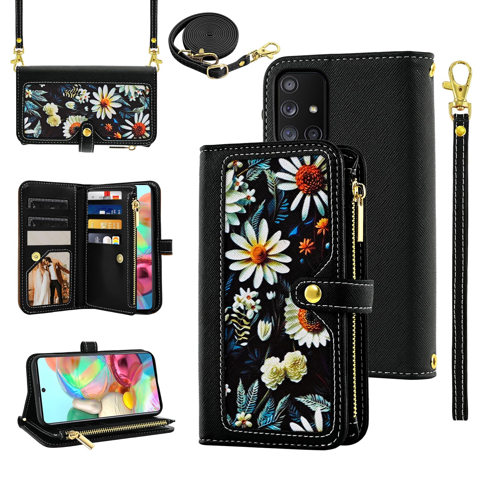 Furiet Floral Wallet Case for Samsung Galaxy A51 4G with Wrist Strap Shoulder Strap Flip Zipper Purse Luxury PU Leather Card Holder Stand Accessories