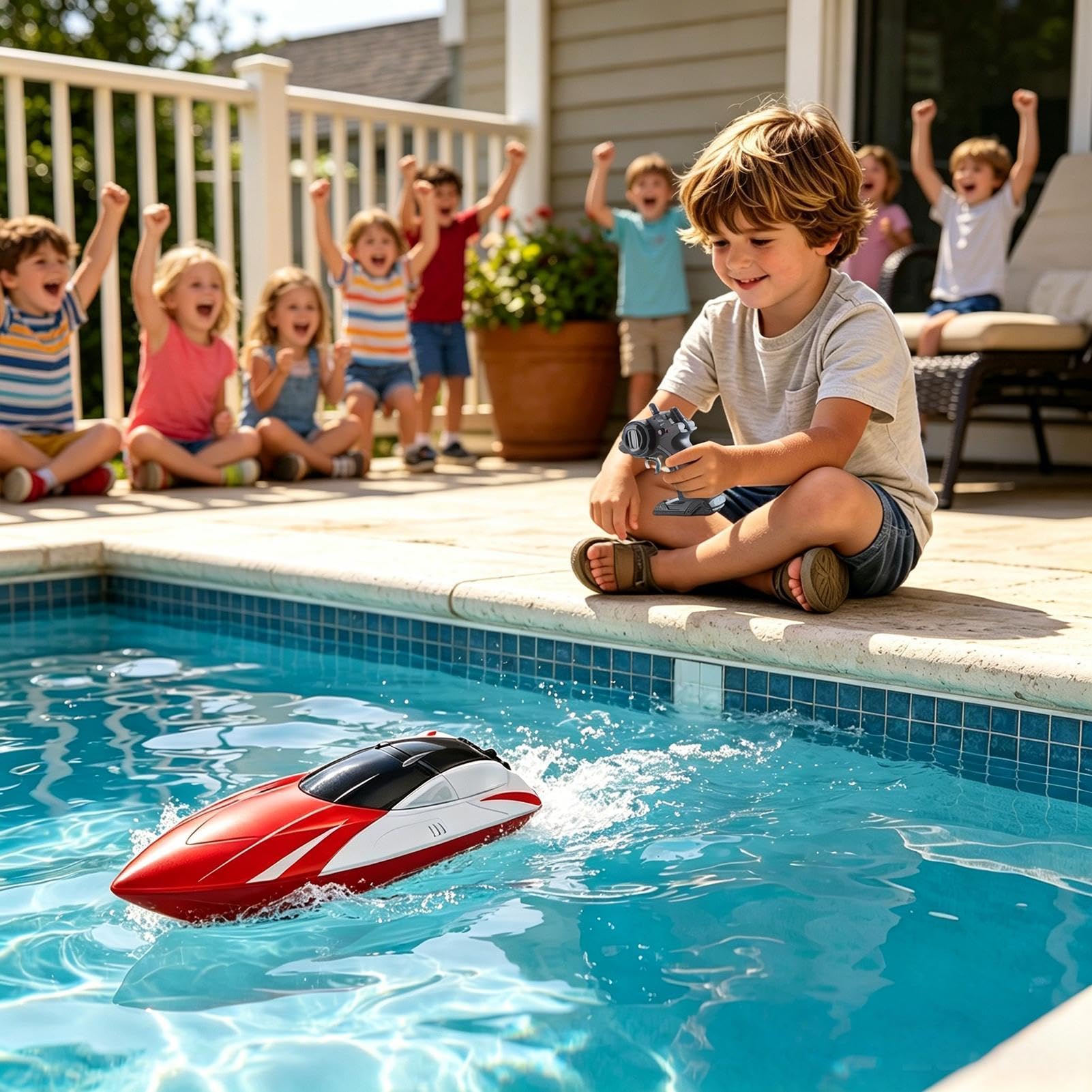 Barca Telecomandata Per Adulti Giochi acquatici nave con fanalino LED 15 | Nave RC Ricaricabile, Autonomia 100 min, Allarme Batteria Bassa e Fuori Portata Per Bambini Piscina Vasca