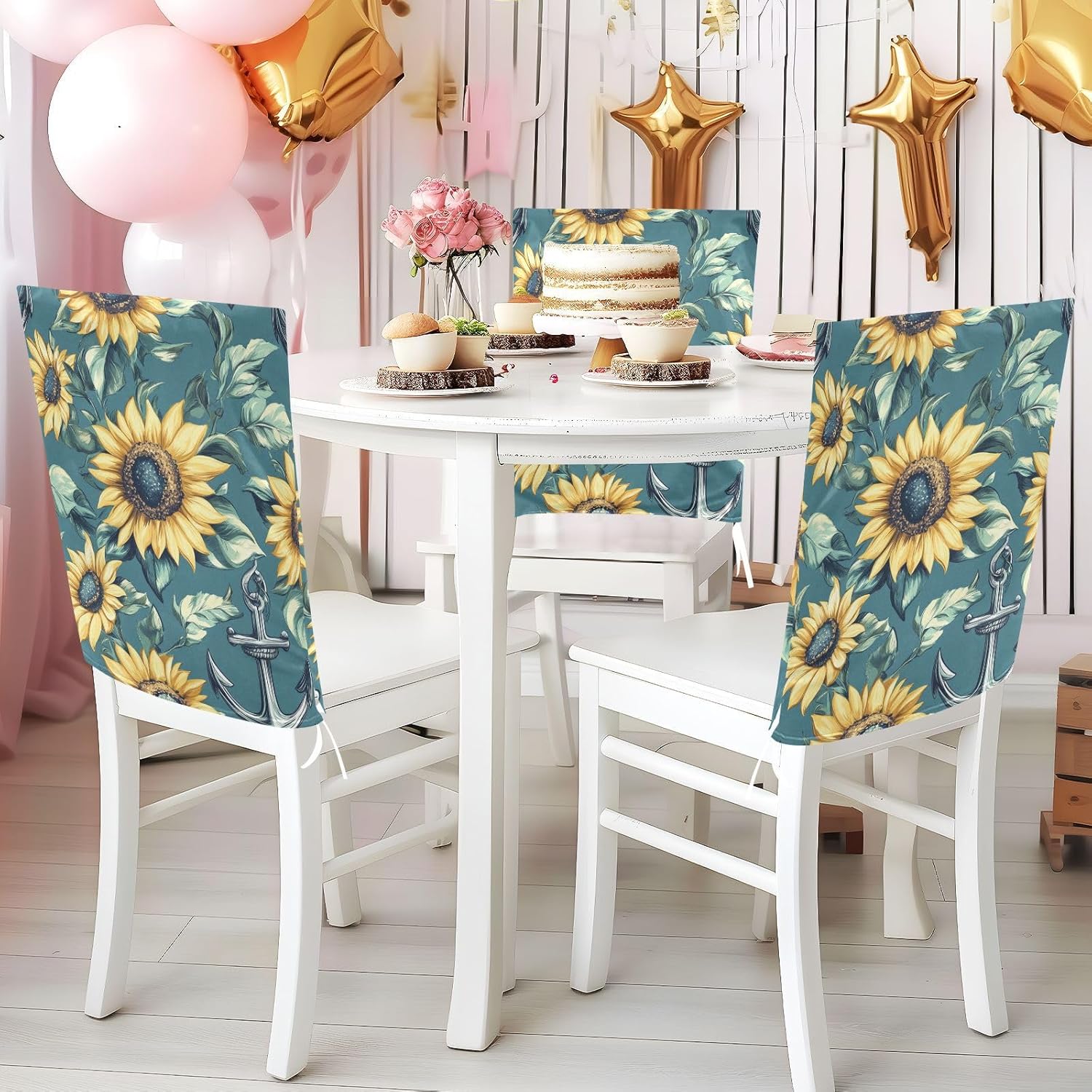 ALAZA Anchor Sunflowers Chair Back Cover Set of 6, Washable Reusable Removable Chair Slipcovers Decorative Chair Cover for Home Kitchen Wedding Party