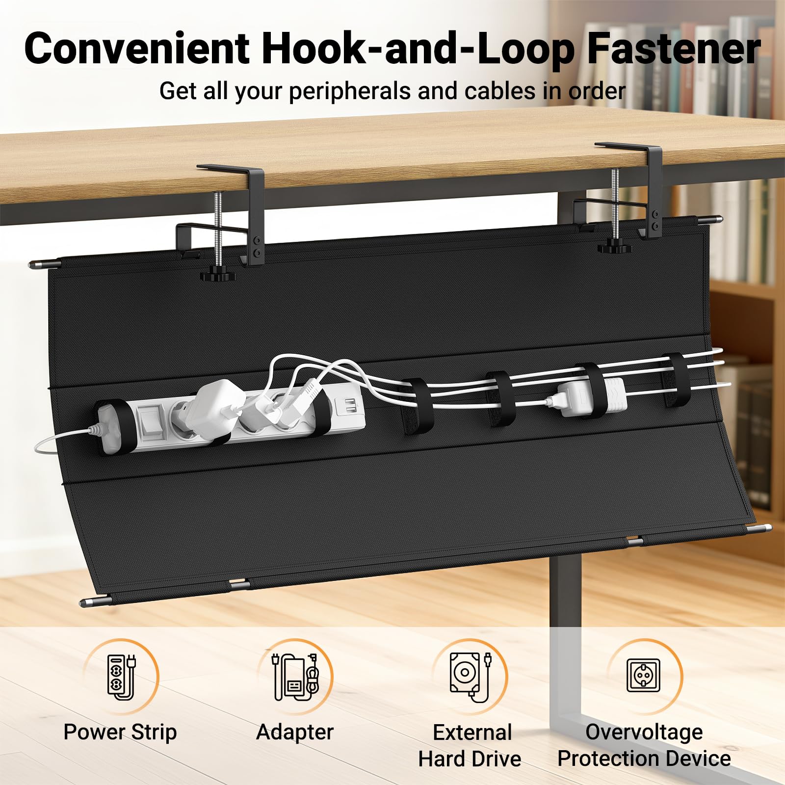 Housolution Plateau de Gestion de Câbles sous Bureau 36", Organisateur de Câbles en Tissu Premium, Plateau de Rangement sans Percage, Fixation par Serre-joint/Vis, pour Bureau et Maison, Noir