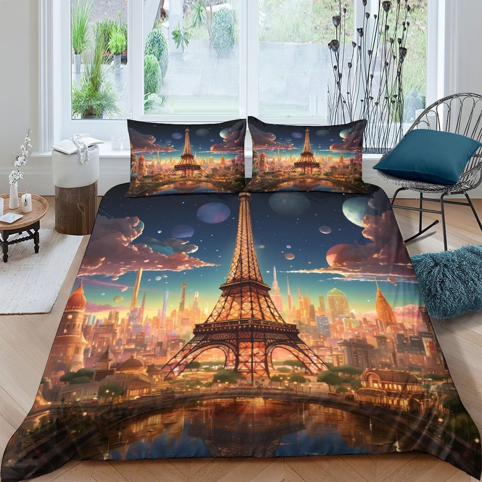 Ctjqhvkz Style-3 3D Printed Paris Nightscape Fitted Sheet Microfiber Soft Bed Cover Art Bedroom Decor Mattress Protection Single（135X200cm）