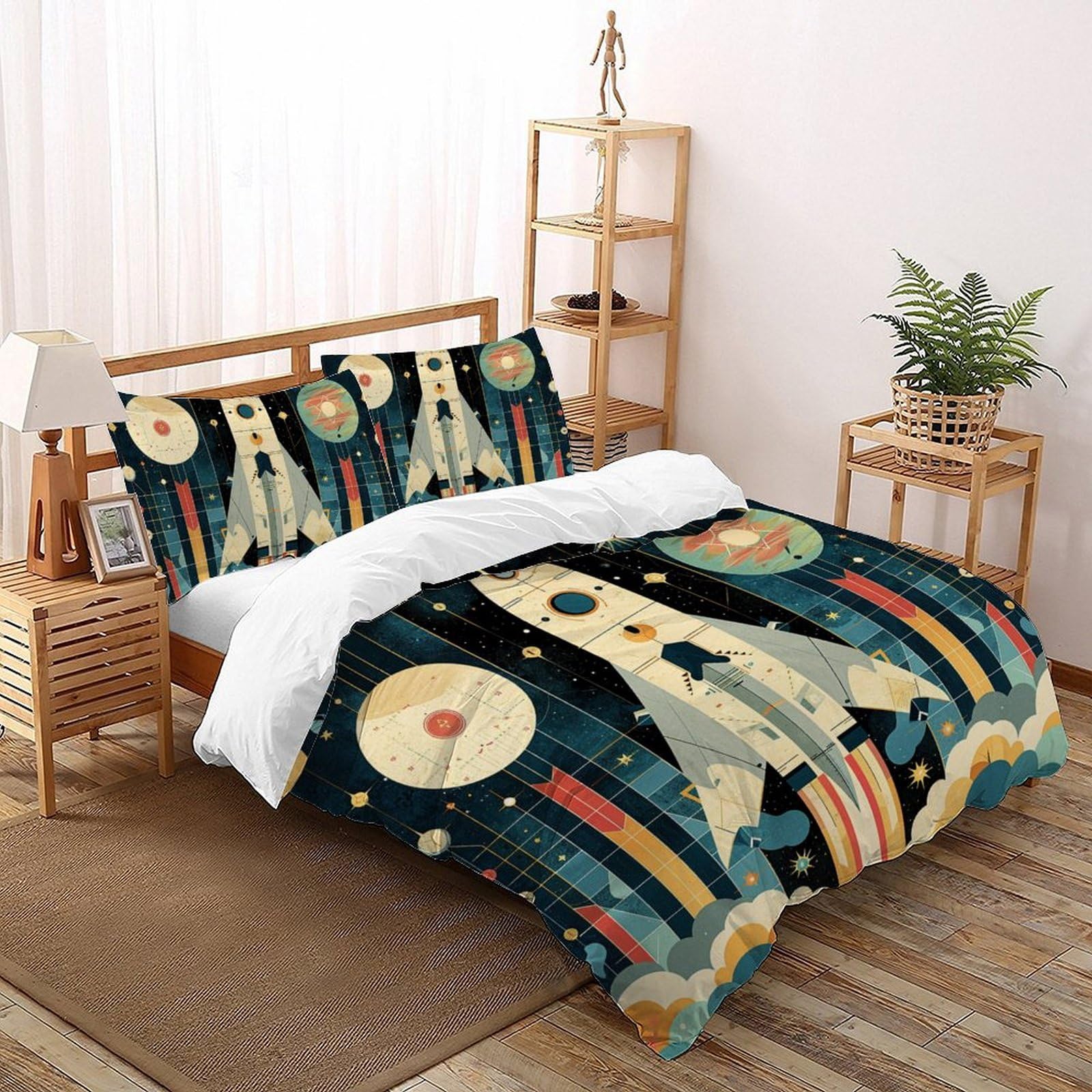 Housse de couette 200x200cm motif fusée 3D avec taies d'oreiller pour lit enfant
